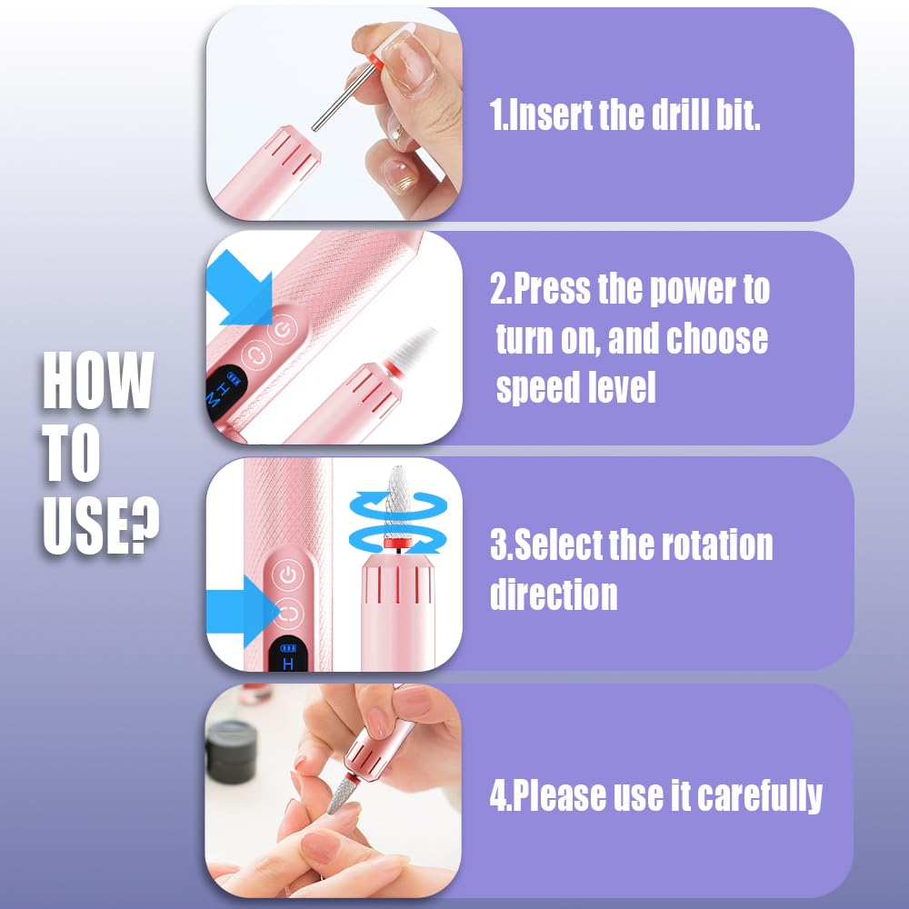 Pinkiou Electric Nail Drill, Cordless Electric Nail File ,Manicure Pedicure Kit for Acrylic,Gel Nails,Rechargeable Nail Drill,Professional Nail Grinder for Home Salon Use（Pink）