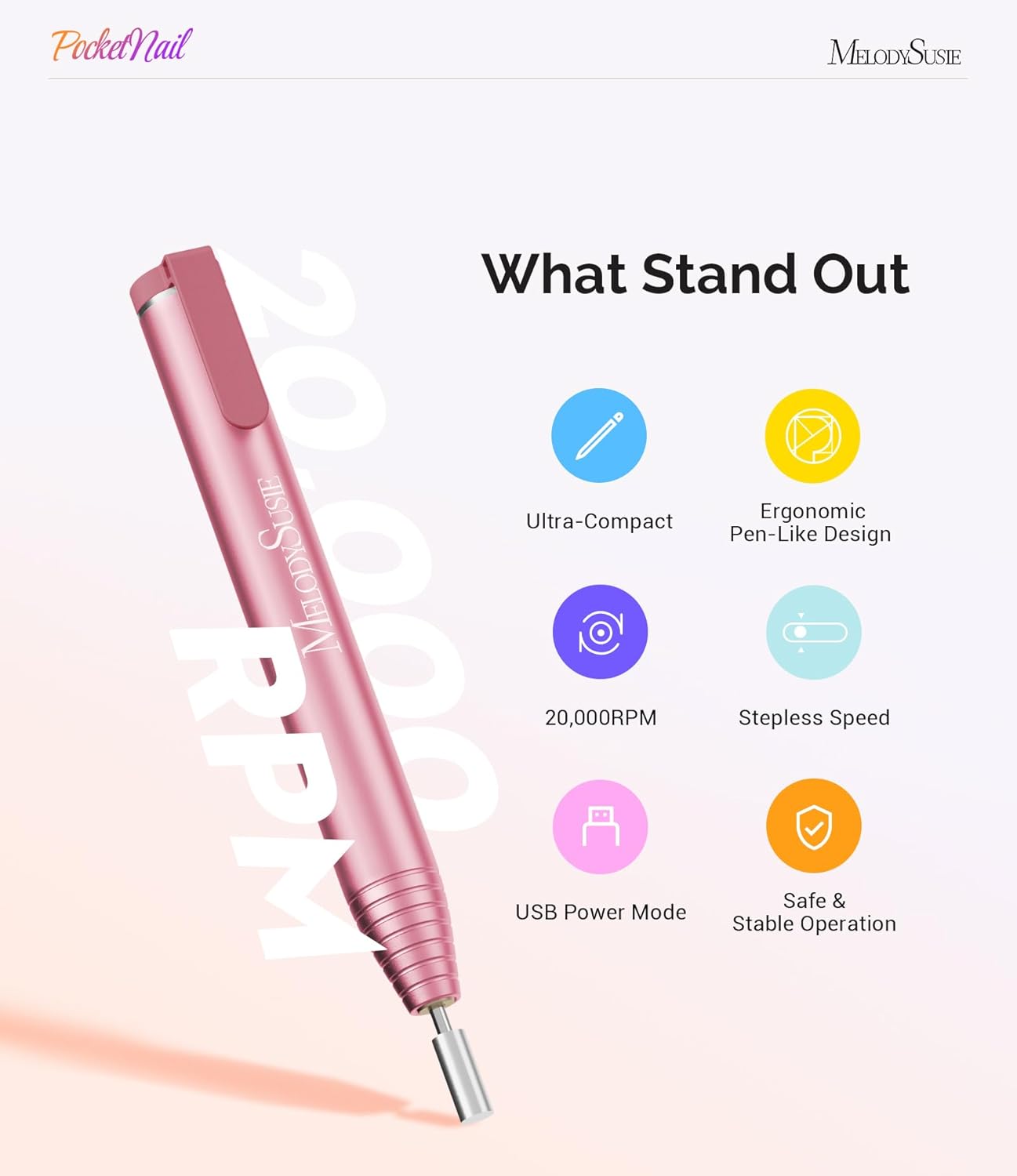 MelodySusie PocketNail Slim Ergonomic Pen-Shaped USB Nail Drill, PC100G 20000RPM Portable Electric File for All Manicure, Pedicure Nail Care, Shaping & Gel Removal at Home for Beginners