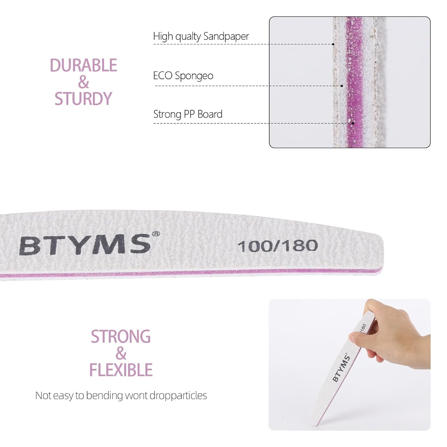 BTYMS 50 Pcs 100/180 Grit Nail Files - Double Sided Emery Boards for Acrylic, Gel & Natural Nails