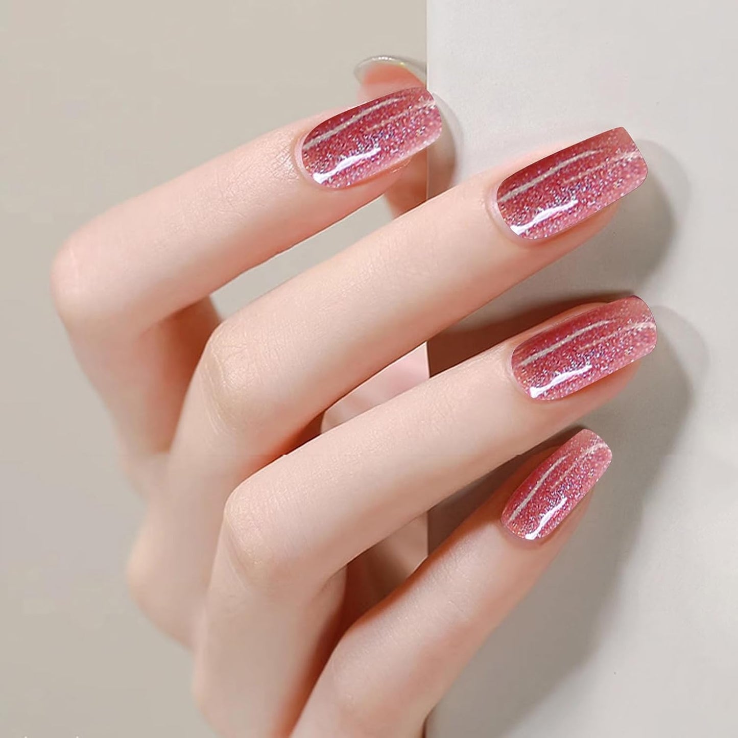 WOKOTO 1 Sheet Semi Cured Gel Nail Strips With Wood Stick, Nail File & Prepared Pads, 20 Tips Transparent Red Glitter Semi Cured Nail Polish Strips Stickers, Harden With UV Light Gel Nail Stickers