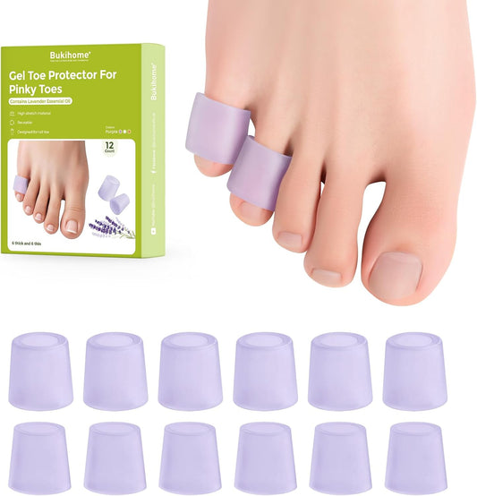 Bukihome Silicone Toe Protectors – Silicone Open Pinky Toe Sleeves for Hammer Toes, Corns, Calluses, Blisters – Soft Gel Protector Toe Cushions for Pain Relief - 12 Count, Lavender (6 Thick +6 Thin)