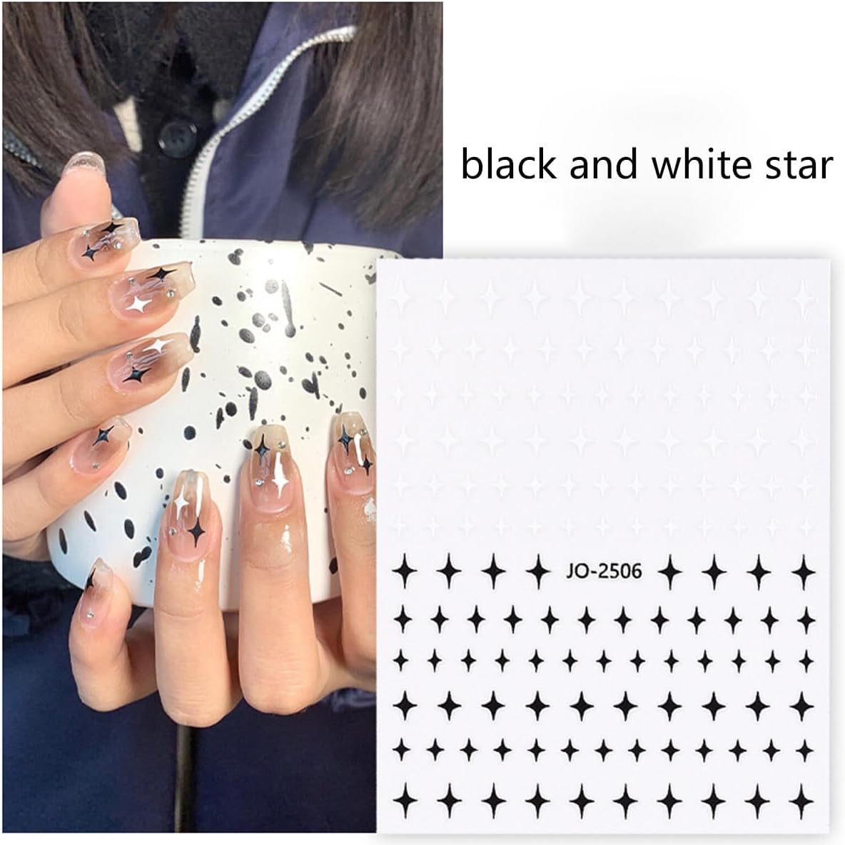 Black White Nail Art Stickers Star Heart Nail Decals Cute Bow Hearts Star Shapes Simple Shiny Pentagram Love Bow Nail Art Designs 3D Self-adhesive Press On Nail Art Charms Sticker Nail Decoration 6PCS