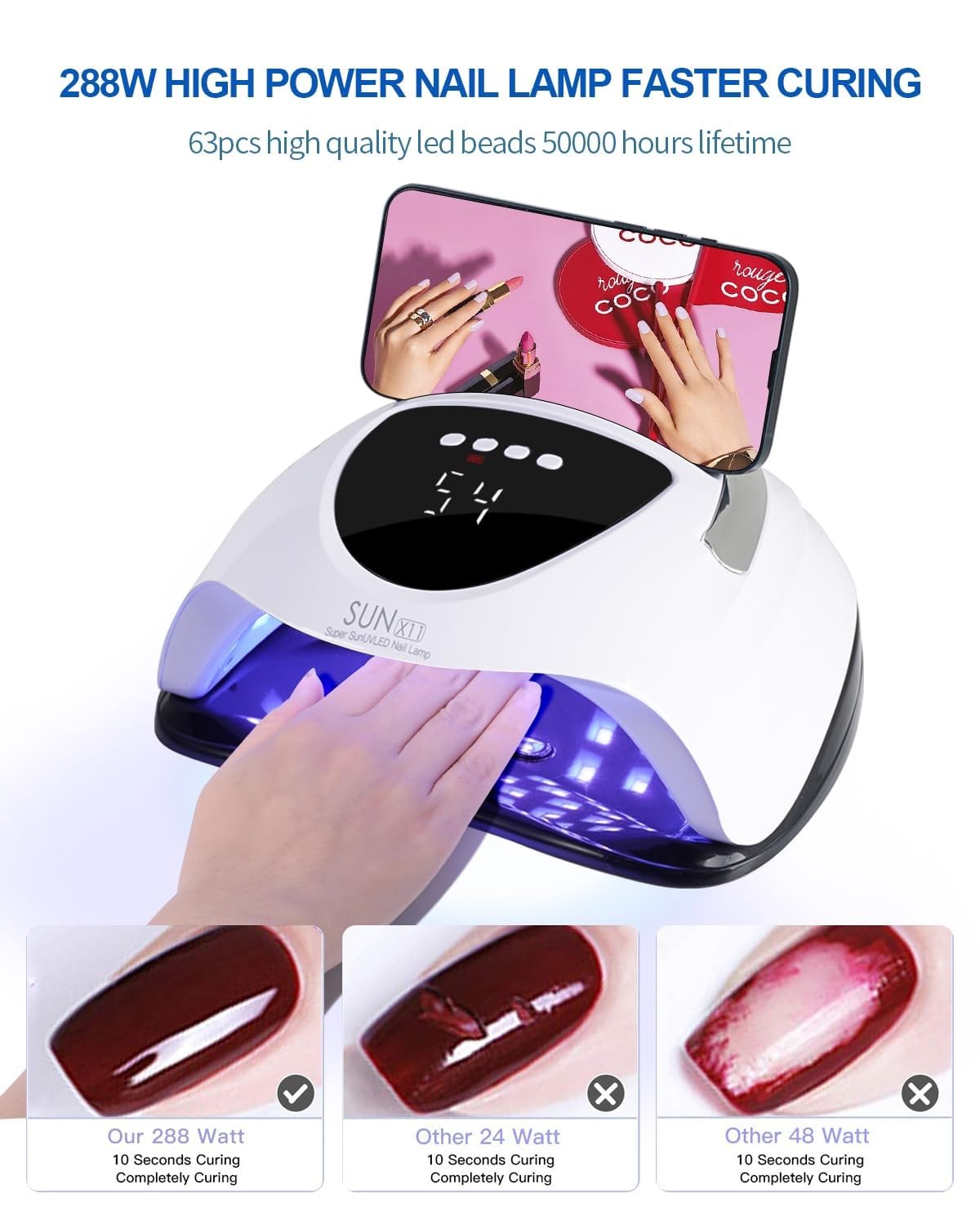 Professional 288W UV/LED Nail Lamp with Smart Sensor, 63 LED Beads UV Light for Gel Nails, 4 Timer Settings, Portable Handle Fast Curing Gel Nail Dryer for Gel Polish, Salon & Home Use