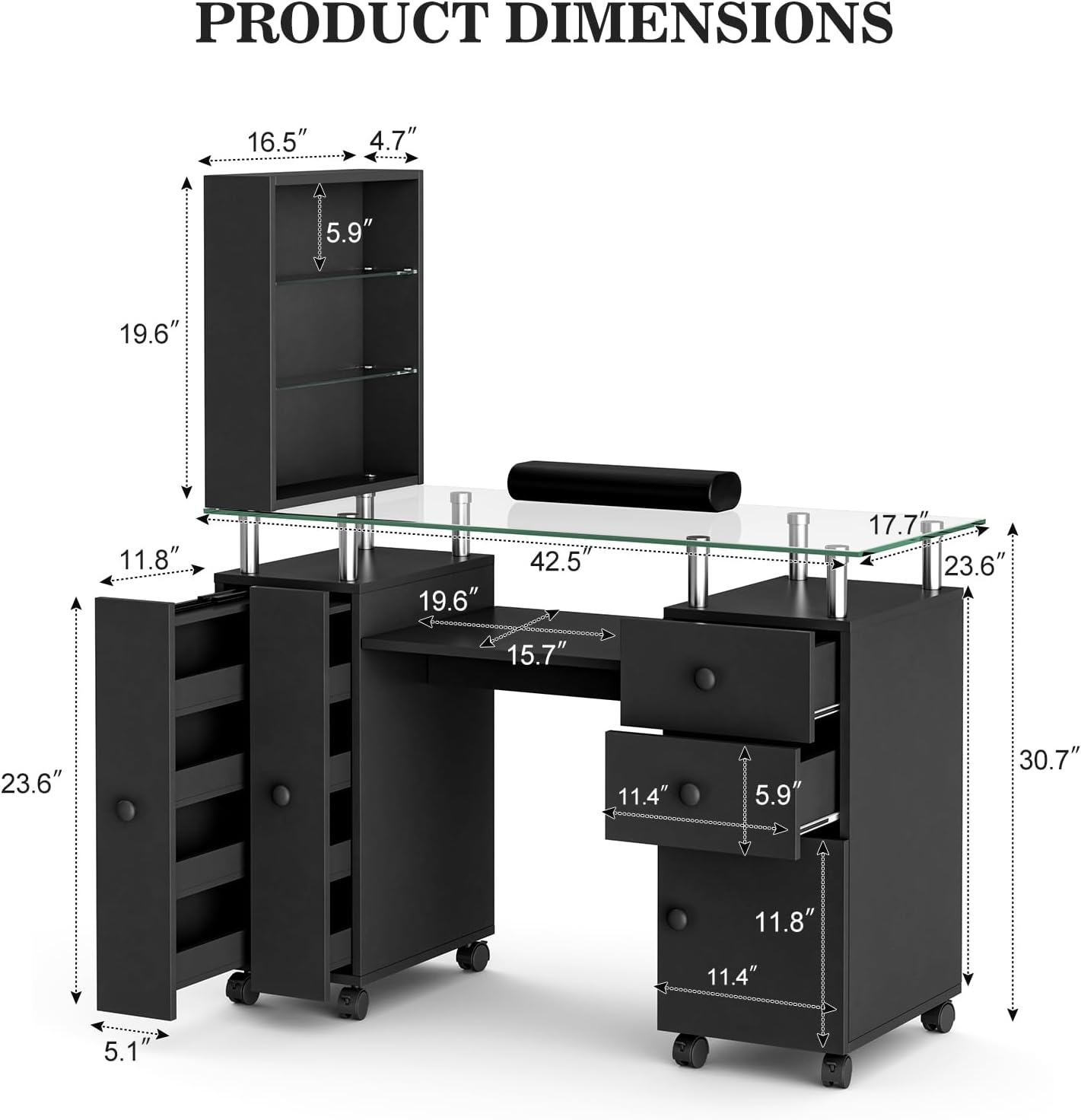 Paddie Manicure Table Nail Tech Table, Glass Top Nail Desk Station for Nail Tech w/Shelves & Wrist Cushion, Acetone Resistant Beauty Salon Workstation w/Lockable Wheels(Black)