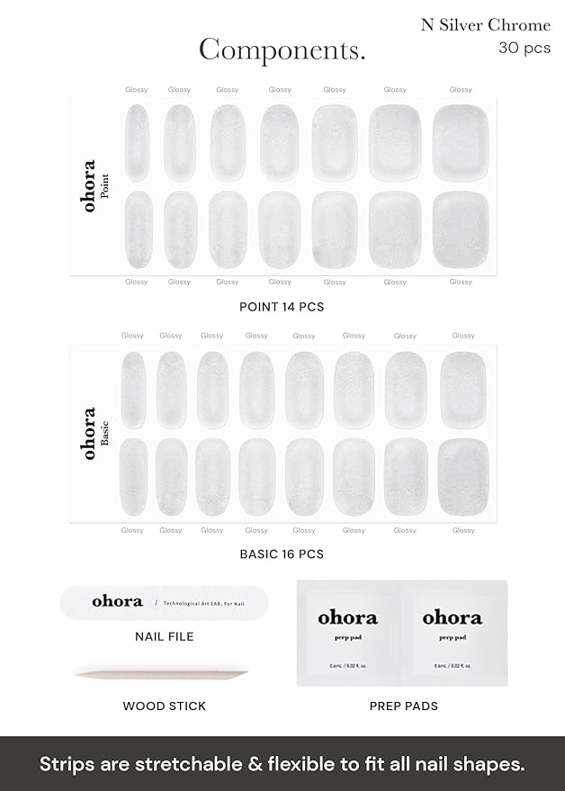 ohora Semi Cured Gel Nail Strips (N Silver Chrome) - White, Metallic, Works with UV/LED Lamps, Salon-Quality, Long Lasting, Easy to Apply & Remove - Includes 2 Prep Pads, Nail File & Wooden Stick