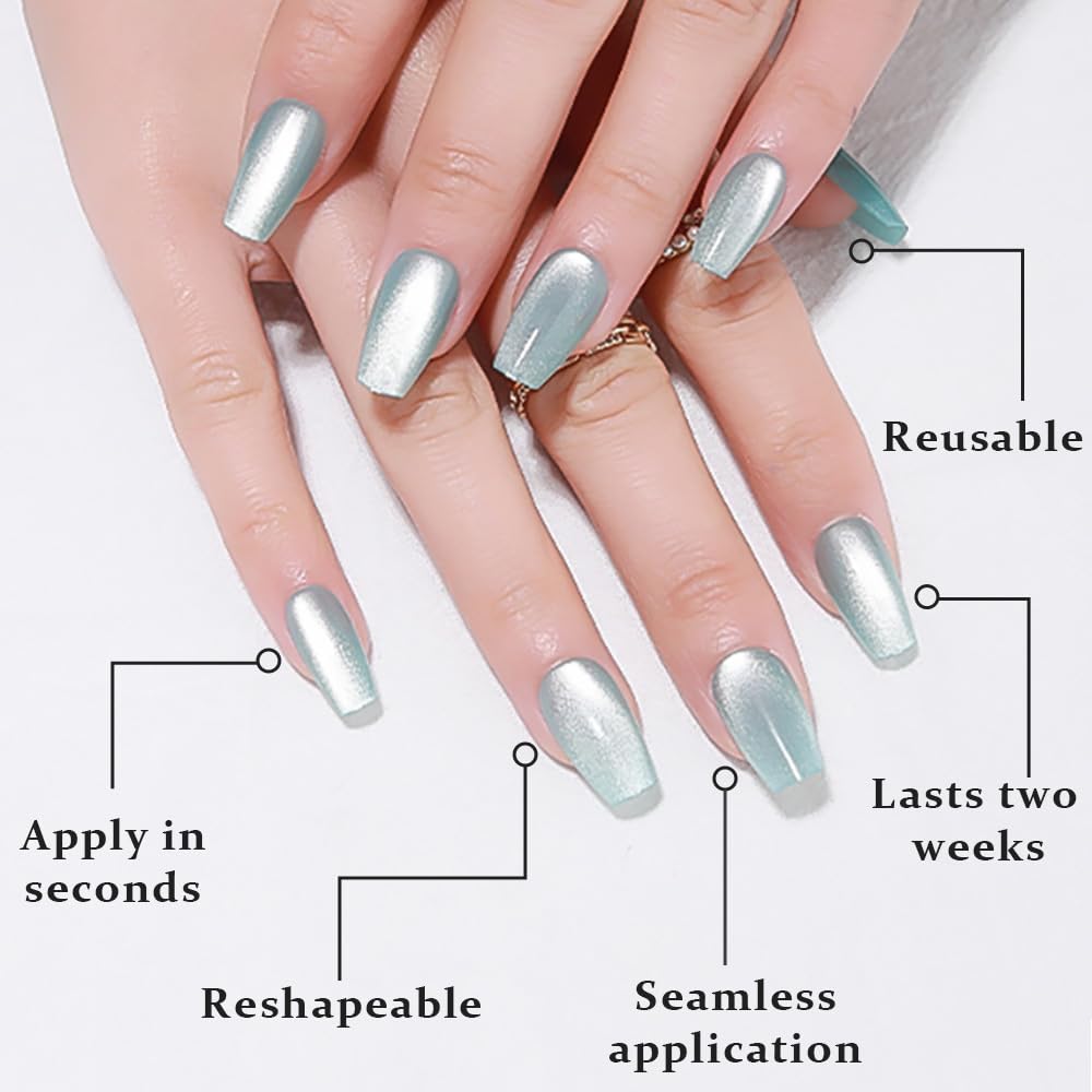 evpct Cat Eye Coffin Press on Nails Square Medium, Glue on Nails Medium Square for Women Gift, Teal Light Blue Green Metallic Glitter Glossy Gel Reusable Stick Acrylic Fake Press on Nail with Designs