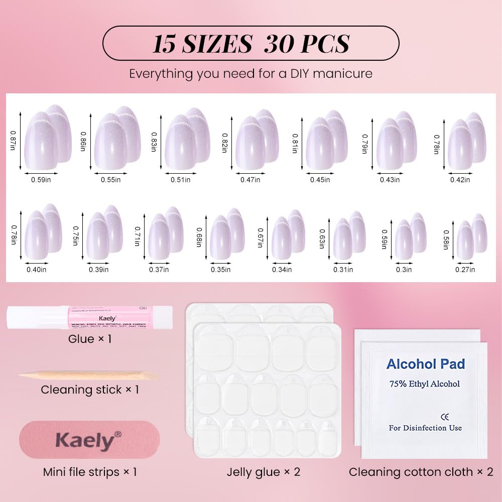Cat Eye Press on Nails Short Almond - Light Purple Shimmer Glossy French Tip Press on Nails Gift, Soft Gel Press Glue On Nail with Nail Glue, Supremely Fit Full Cover Reusable Acrylic Fake Nails Kit