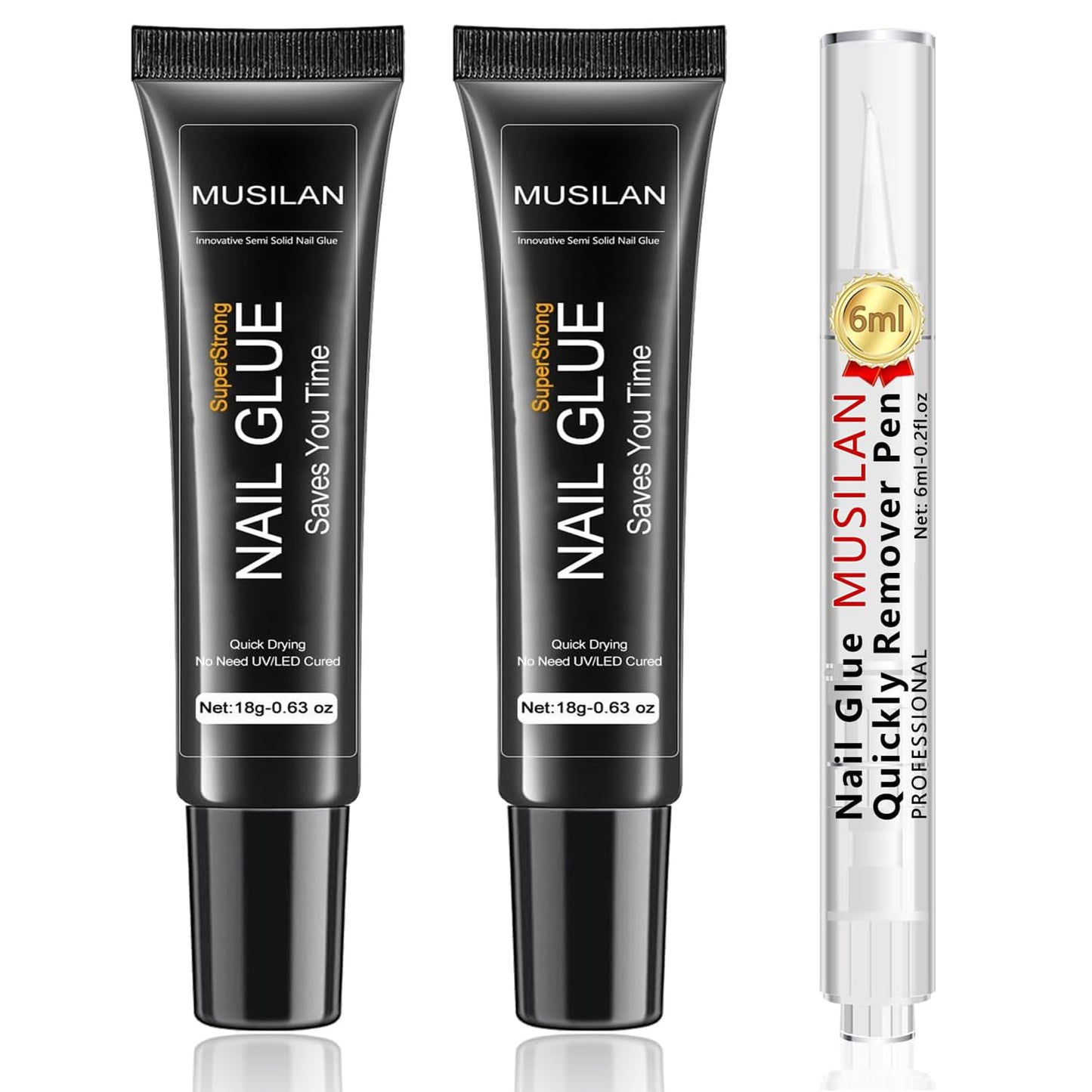 2PCS 18g Solid Nail Glue Gel with 6ml Remover Pen,Super Strong Nail Glue & Quick Drying Remover for Press On Tips No Need for UV Lamp Magic Click Removal Pen Powder Design