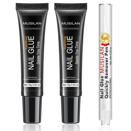 2PCS 18g Solid Nail Glue Gel with 6ml Remover Pen,Super Strong Nail Glue & Quick Drying Remover for Press On Tips No Need for UV Lamp Magic Click Removal Pen Powder Design