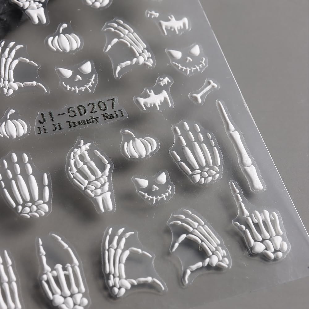 Halloween Nail Art Stickers Decals 5D Embossed Finger Bone Nail Decals 3PCS Fantasy Bone Pumpkin Bat Design Halloween Nail Stickers Nail Art Supplies for Women Holiday DIY Manicure Decorations