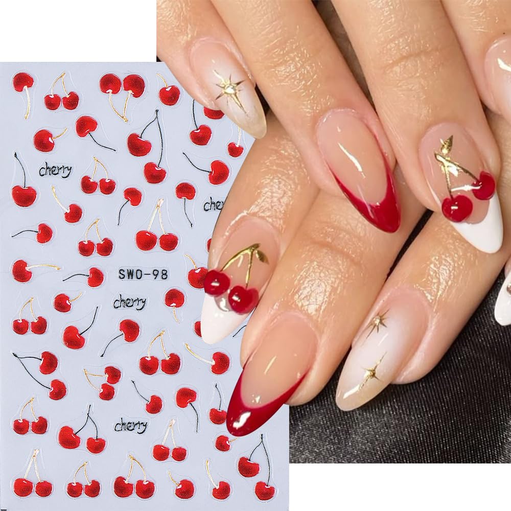 Cherry Nail Art Stickers Decals Summer Fruit Cherry 5D Embossed Nail Decals 3PCS Self-Adhesive Cherries Design Summer Stickers for Nails Art Decorations Supplies Manicure Sliders Accessories for Women