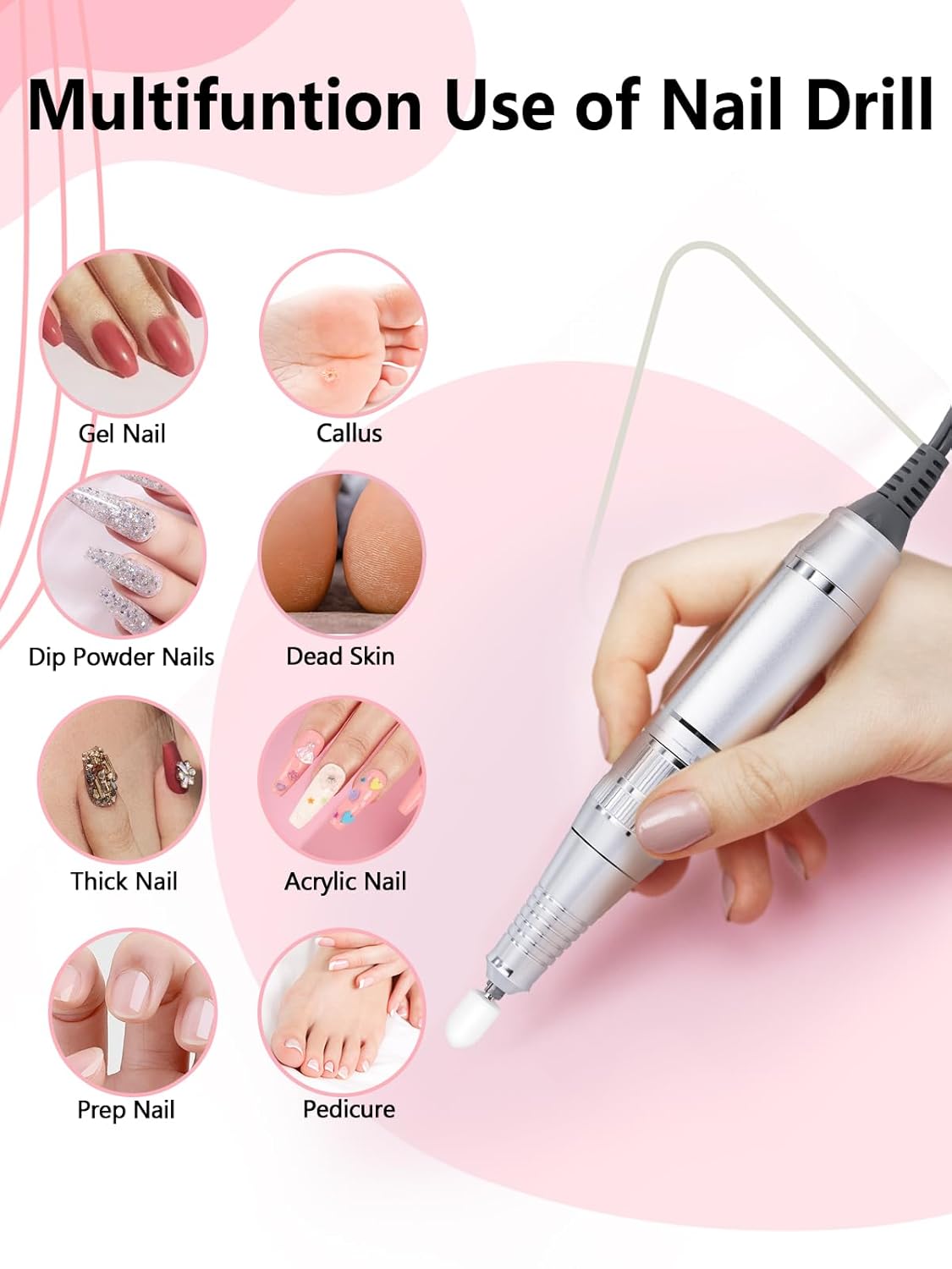 Portable Nail Drill Professional 45000 RPM, Rechargeable Electric Nail File Machine E File for Acrylic Gel Polishing Removing Pink