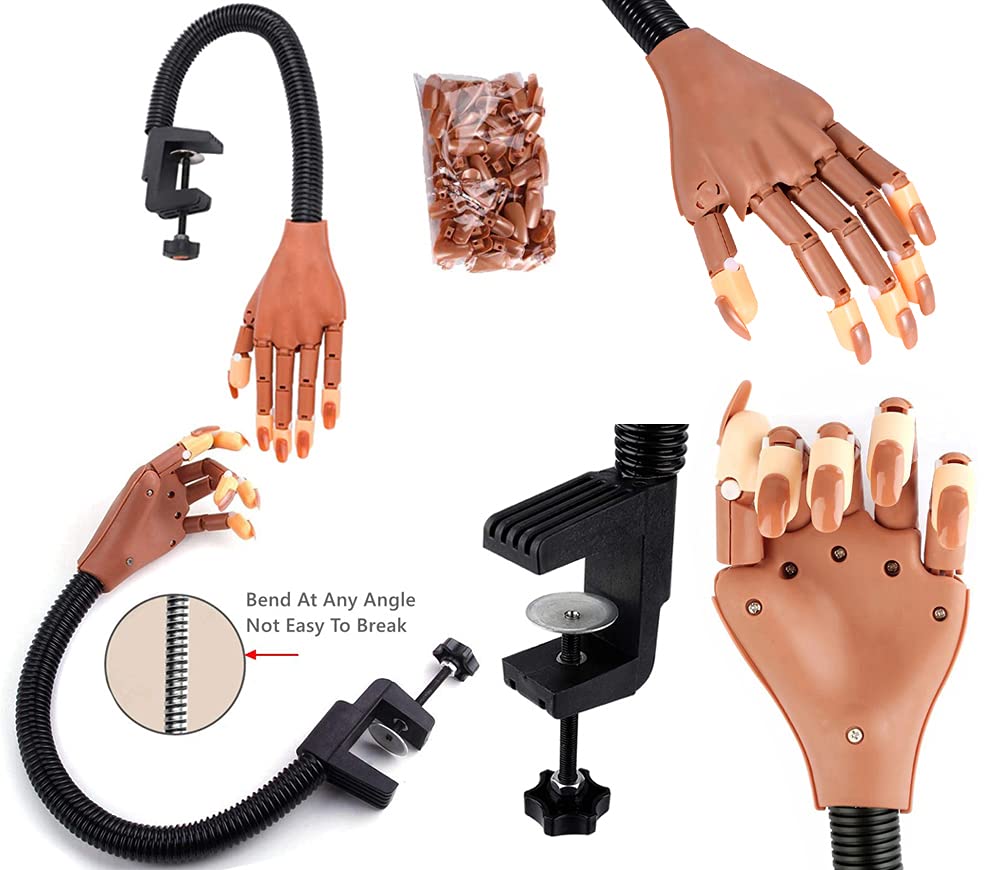 Practice Hand for Acrylic Nails, Flexible Fake Manican Hands Kit for Nails Training Practice, Movable Nail Maniquin Hand with 200PCS Nail Tips, Nail Art Clipper