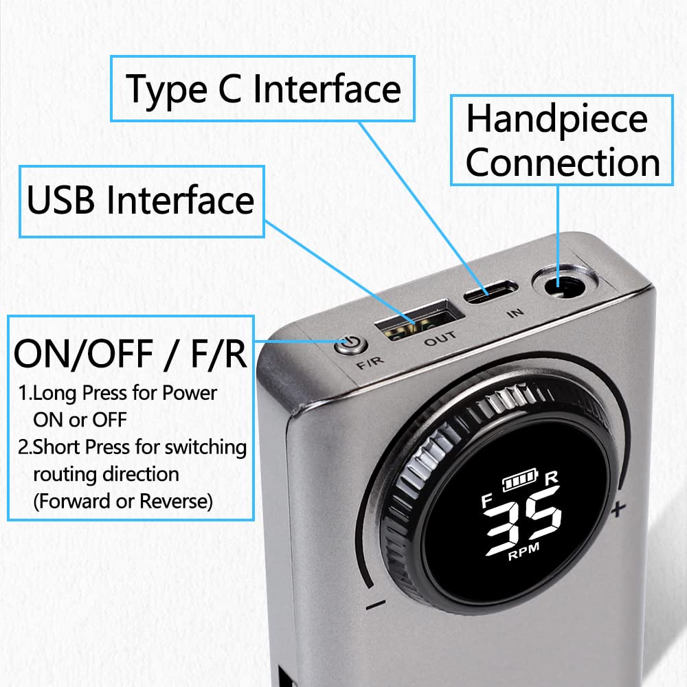 YOKE FELLOW Rechargeable Nail Drill - 35000 RPM Nail Machine with 12 Bits for Manicure Pedicure Salon Home Use