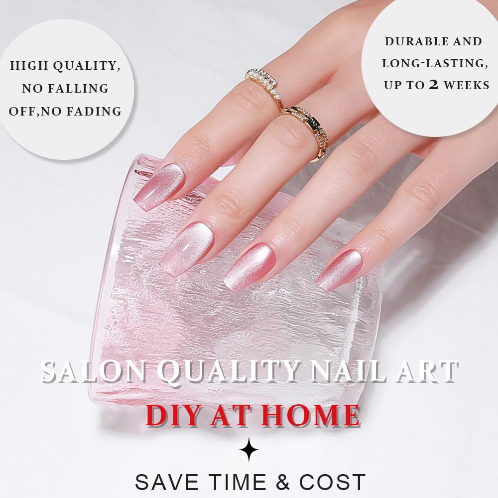 evpct Pink Cat Eye Press on Nails Square Medium Coffin, Medium Square Glue on Nails for Women Gift, Plum Pink Metallic Glitter Glossy Reusable Spring Summer Gel Press on Acrylic Fake Nail with Designs