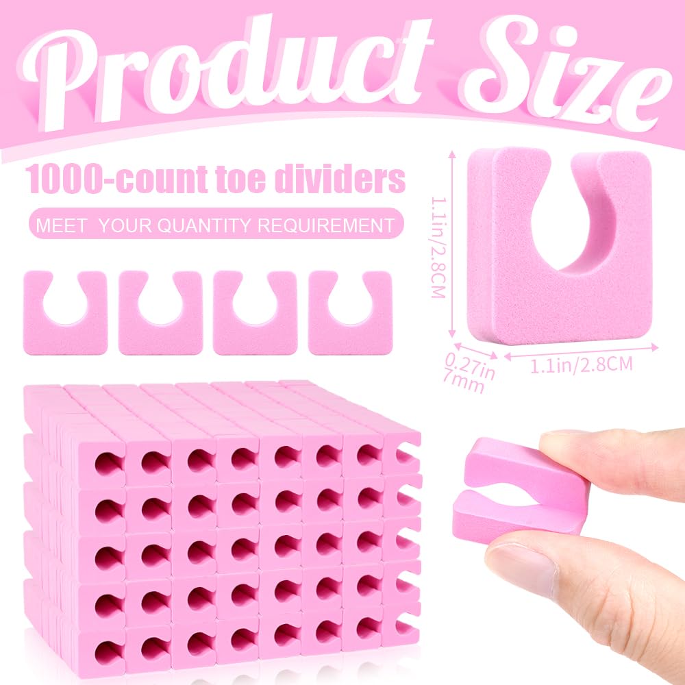 1000 Pcs Reusable Toe Separators for Pedicure, Sponge Toe Separators for Women Pedicure, Soft Foam Toe Dividers for Nail Polish (Pink)