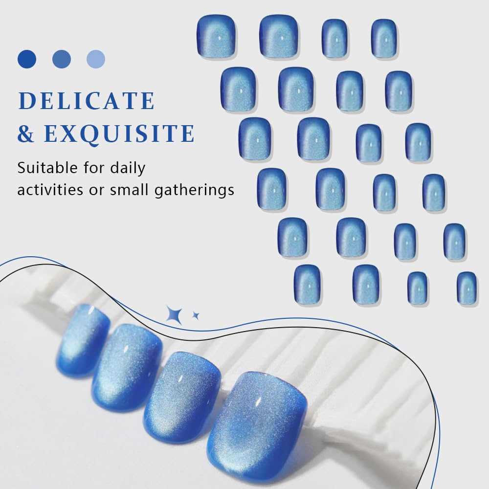 evpct Blue Cat Eye Extra Short Press on Nails Square, Petite Short Square Glue on Nails for Women Gift, Light Sky Blue Metallic Glitter Glossy Reusable Gel Press on Acrylic Fake Nail with Designs