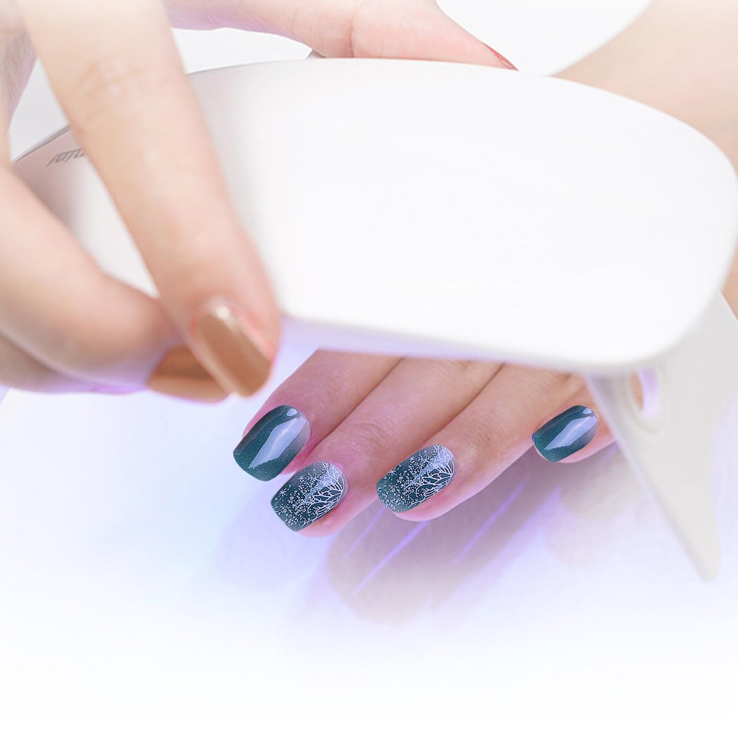WOKOTO 1 Sheet Semi Cured Gel Nail Strips With Wood Stick, Nail File & Prepared Pads, 20 Tips Glittery Fantasy Green Semi Cured Nail Polish Strips, Harden With UV Light Gel Nail Wraps Stickers