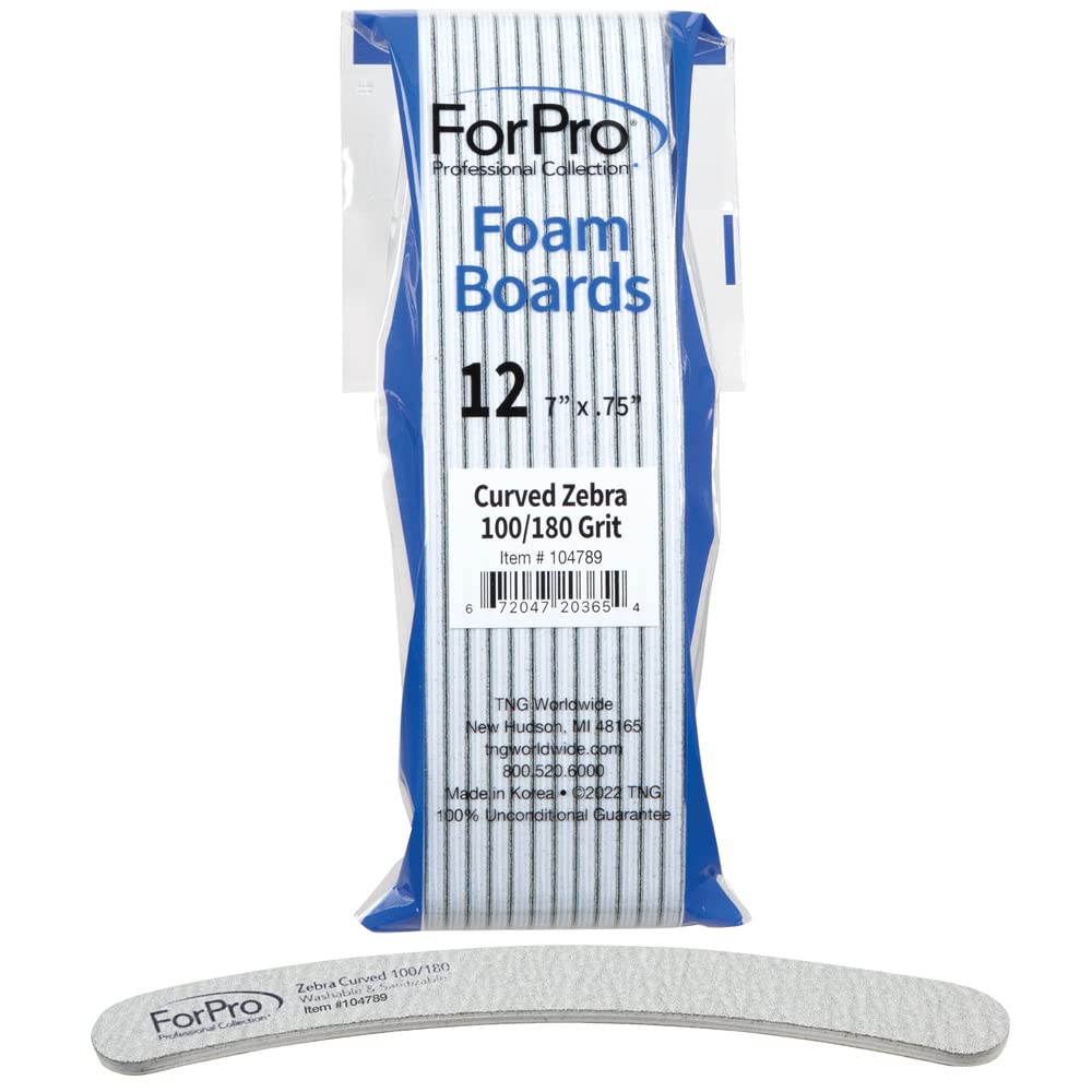 ForPro Professional Collection Zebra Curved Foam Board, 100/180 Grit, Double-Sided Manicure and Pedicure Nail Files, 7” L x .75” W, 12-Count
