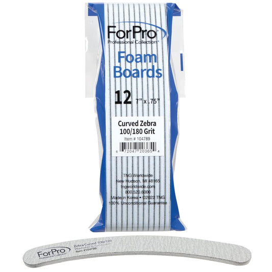 ForPro Professional Collection Zebra Curved Foam Board, 100/180 Grit, Double-Sided Manicure and Pedicure Nail Files, 7” L x .75” W, 12-Count