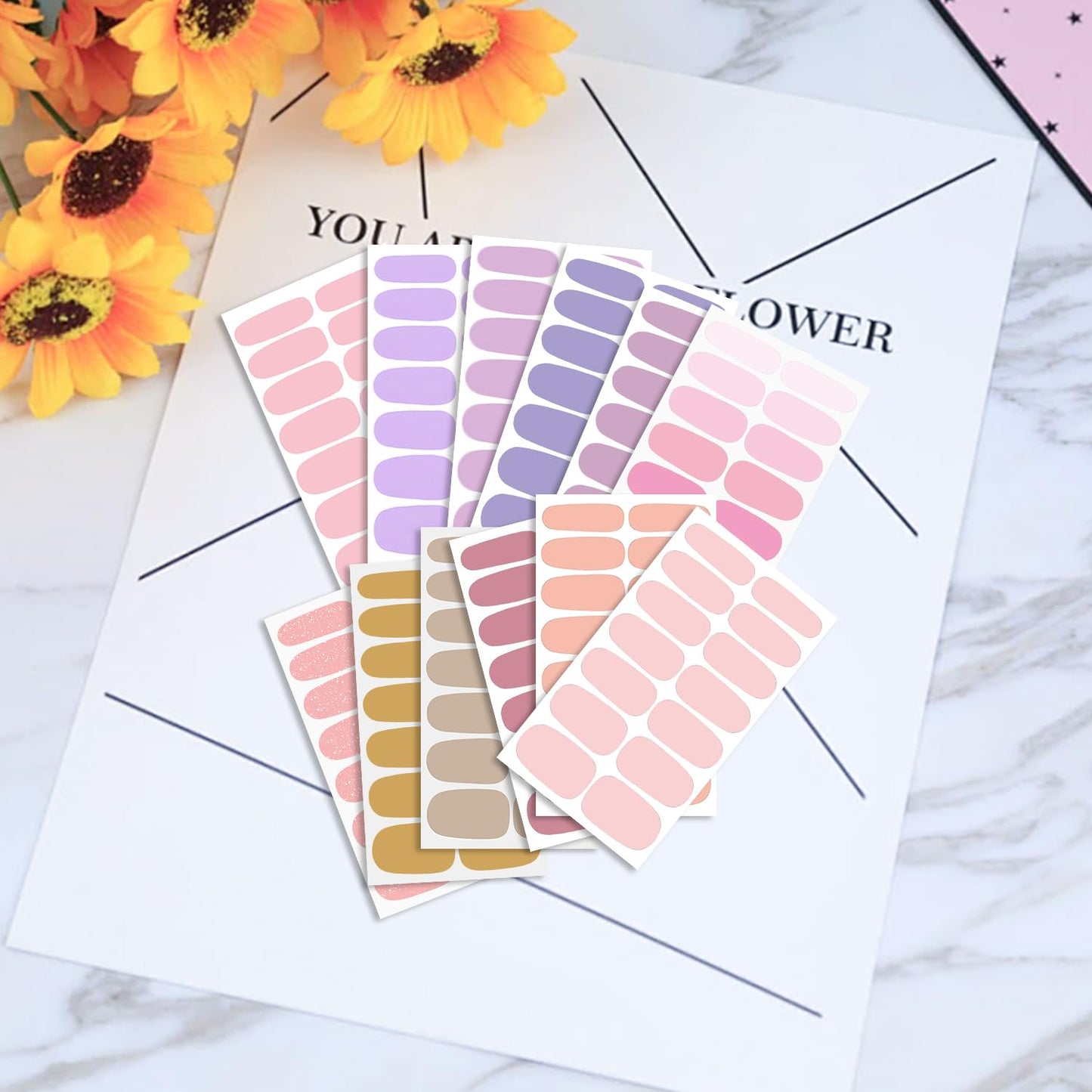 WOKOTO 20 Sheets Self-Adhesive Nail Polish Stickers Tips with 1pcs Nail File Full Nail Wraps Nail Art Decals Cute Light Color Series Gel Nail Strips Manicure Kit for Girls Women Stick On Nails