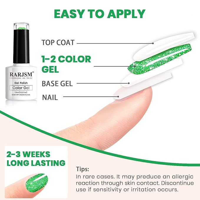 RARJSM Green Gel Nail Polish, 7.5ml 0.25Floz Reflective Gel Nailpolish Glitter Gelpolish Summer Candy Collection Diamond Shimmer Neon Green Nailgel for Starter Nail DIY U V L E D Required