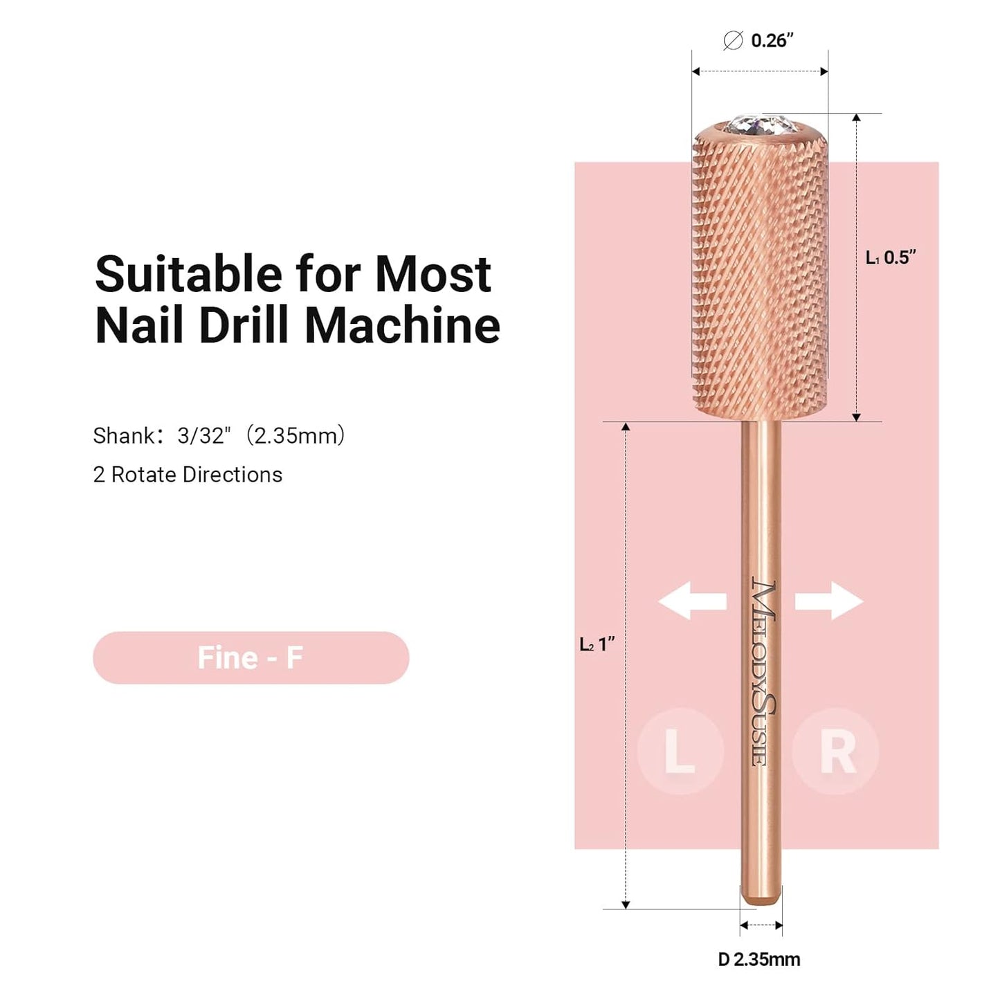 MelodySusie Crystal Top Nail Drill Bits, 3/32'' Large Barrel Carbide Bits, Suitable for Manicure Pedicure Cuticle Gel Polishing, Beginners Bits, Rose Gold, Series Bit-S, Fine