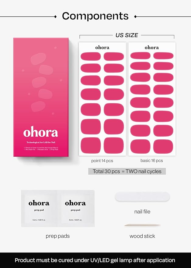 ohora Semi Cured Gel Nail Strips (N It's That Pink) - Works with Any Lamps, Salon-Quality, Long Lasting, Easy to Apply & Remove - Includes 2 Prep Pads, Nail File & Wooden Stick
