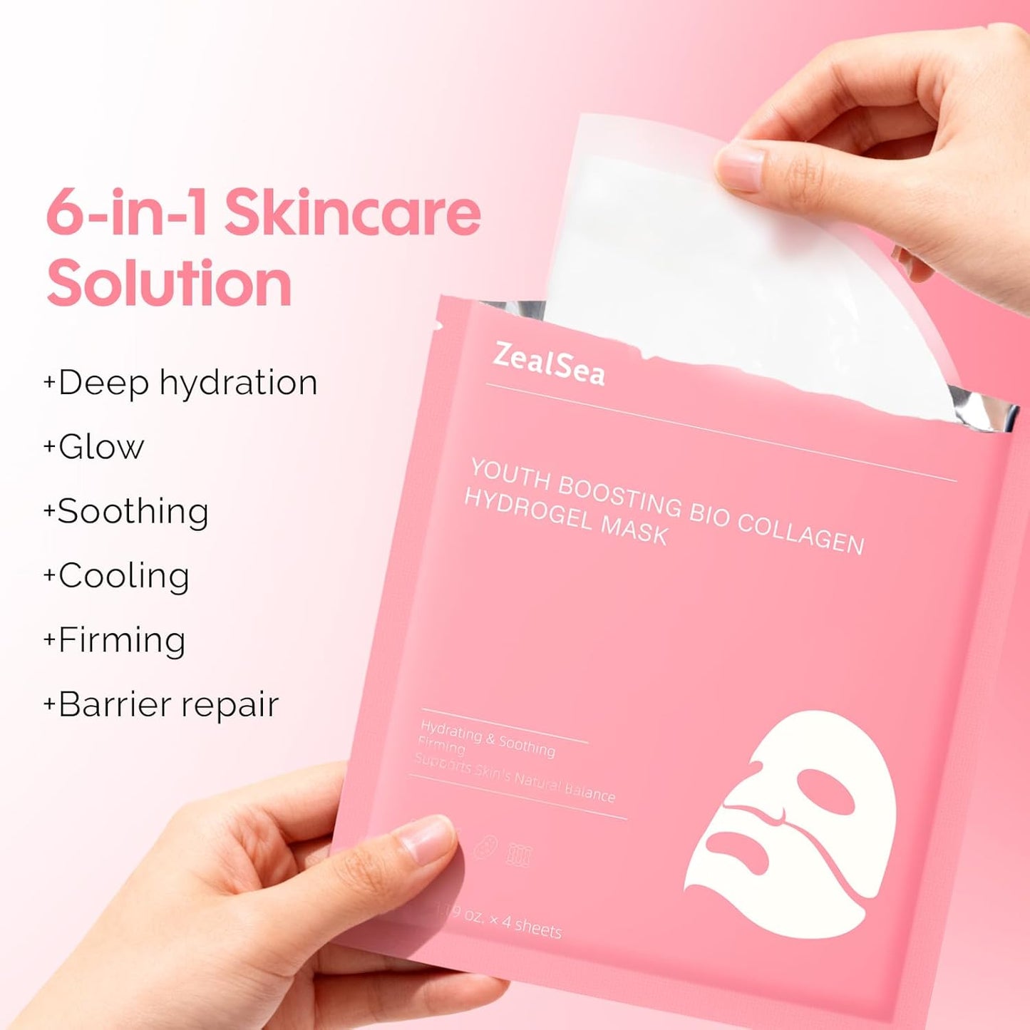 ZealSea Bio Collagen Wrapping Hydrogel Face Mask, Overnight Jelly Gel Sheet Mask for Glass Skin, Deep Hydration, Pore Care, Elasticity Improvement, Firming, Advanced Facial Skincare Solution, 4 Pack