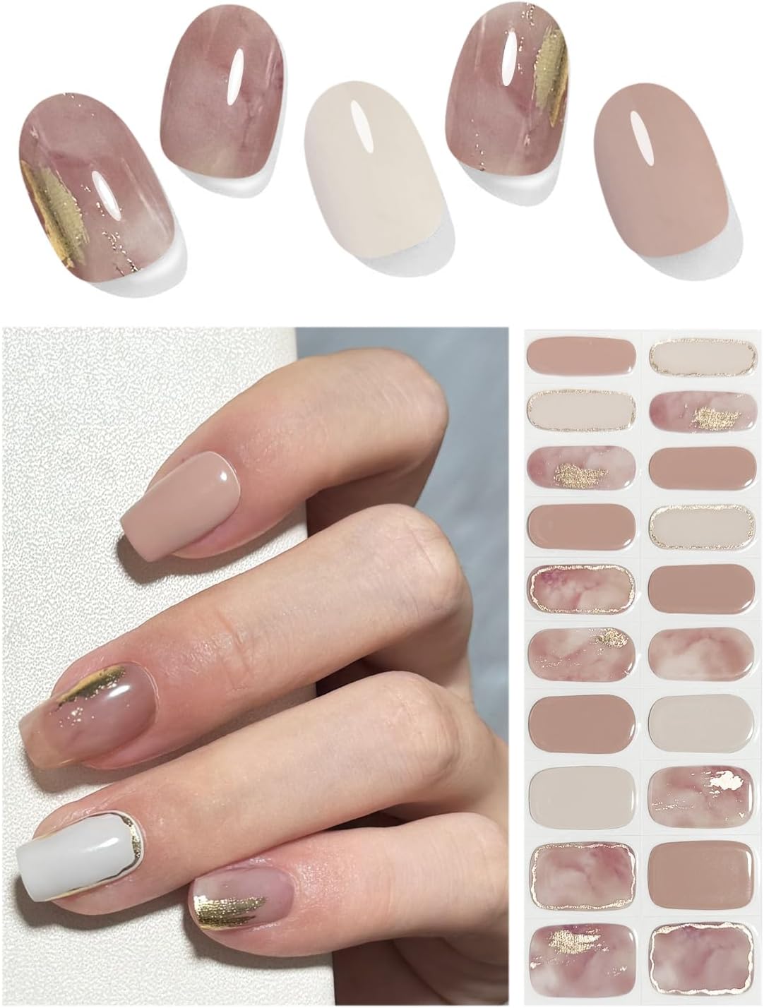 Semi Cured Gel Nail Strips, Brown Marble 20pcs Adhesive UV Sticker, Wraps for Home Manicure DIY