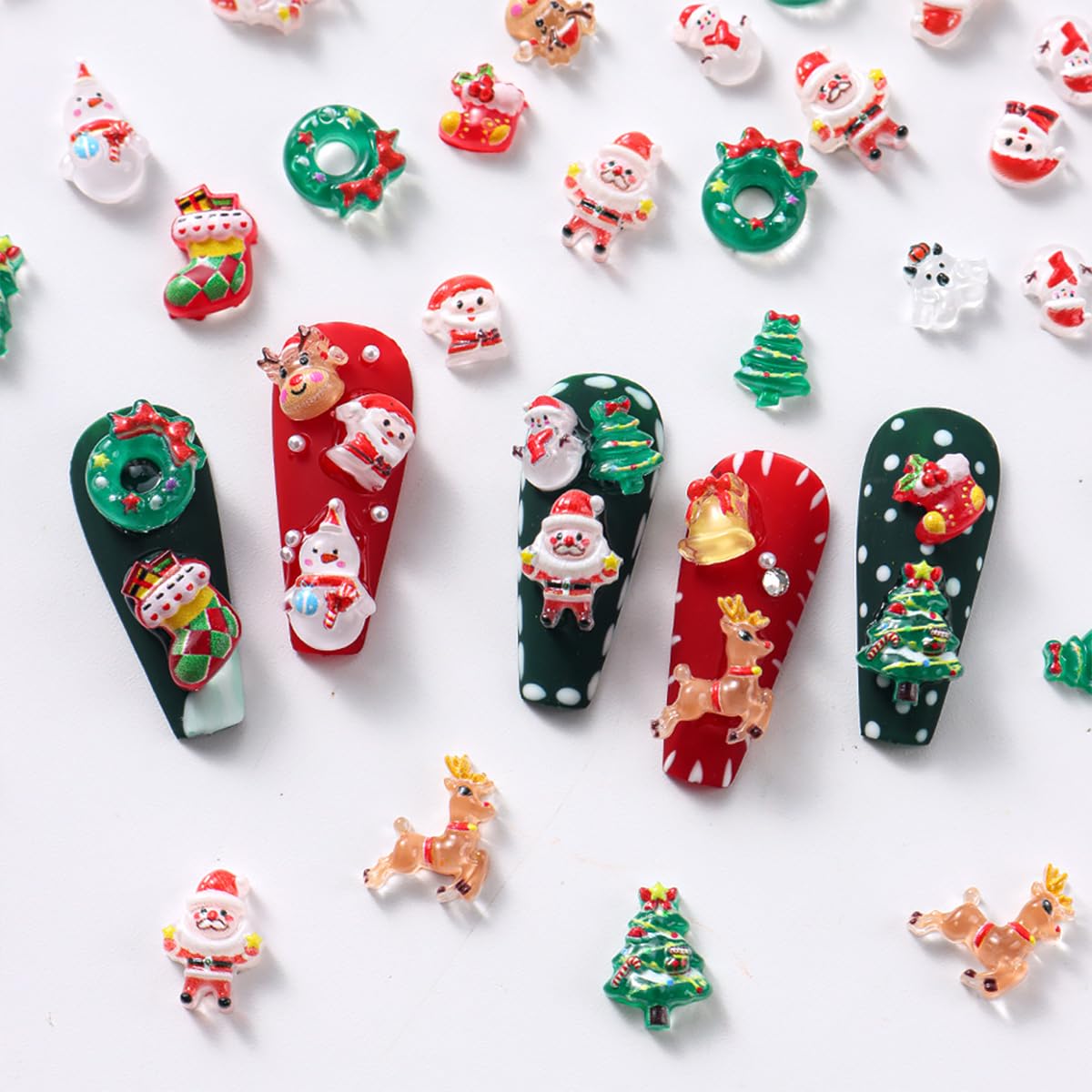 50pcs Christmas Nail Charms: 3D Mix Colorful Reindeer, Snowman, Santa Claus, Bell Nail Rhinestones for Women Xmas DIY