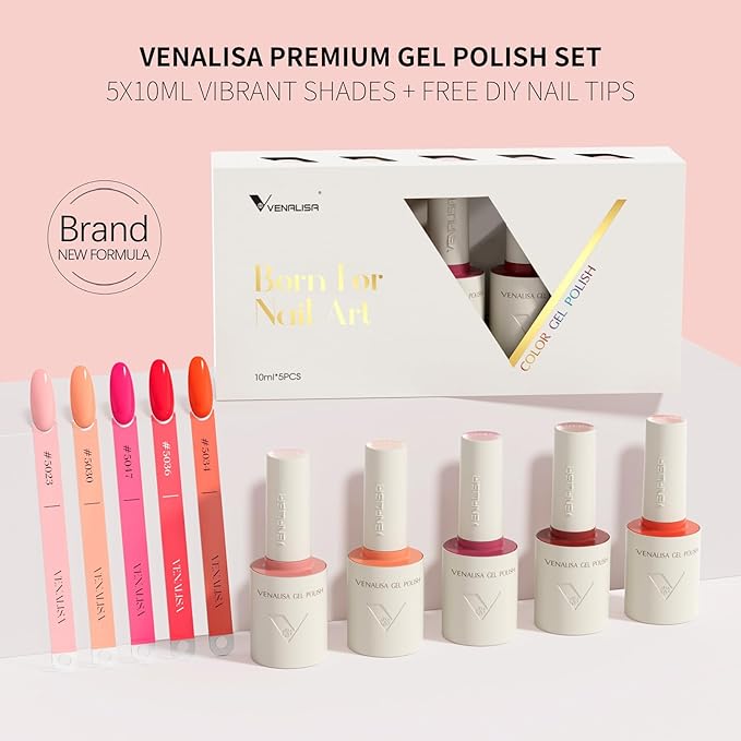 VENALISA 10 ML Pink Gel Nail Polish Set with DIY Nail tips Kit, 5 Pcs Pink Red Orange Gel Polish Color High Gloss Soak Off U V Nail Manicure Salon DIY