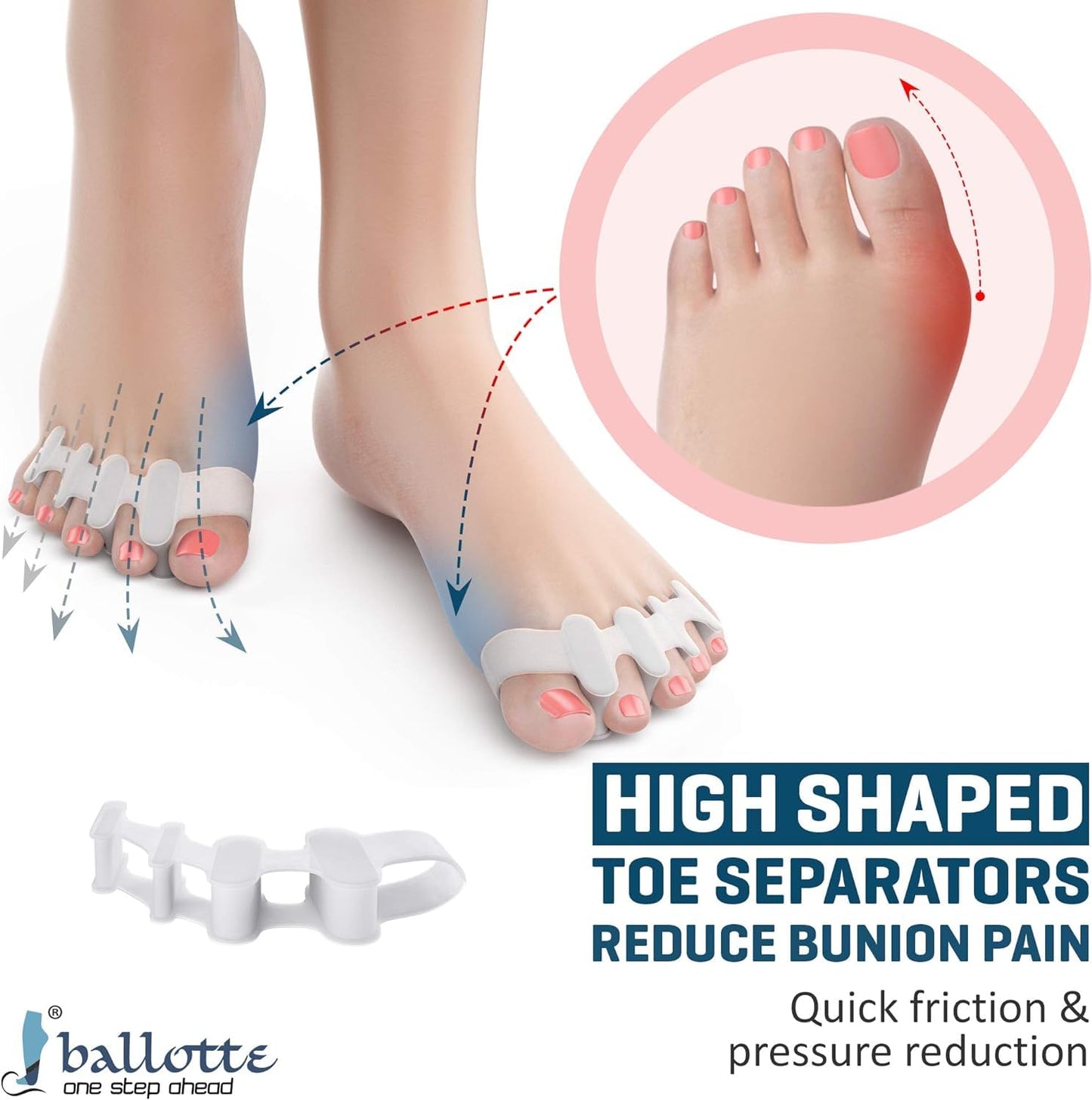 Ballotte Toe Separators, Silicone Toe Spacers for Bunions and Overlapping Hammer Toes, Athletic Tootsie Spacers for Running and Yoga, Foot Finger Splitters for Men & Women (6 Pack)