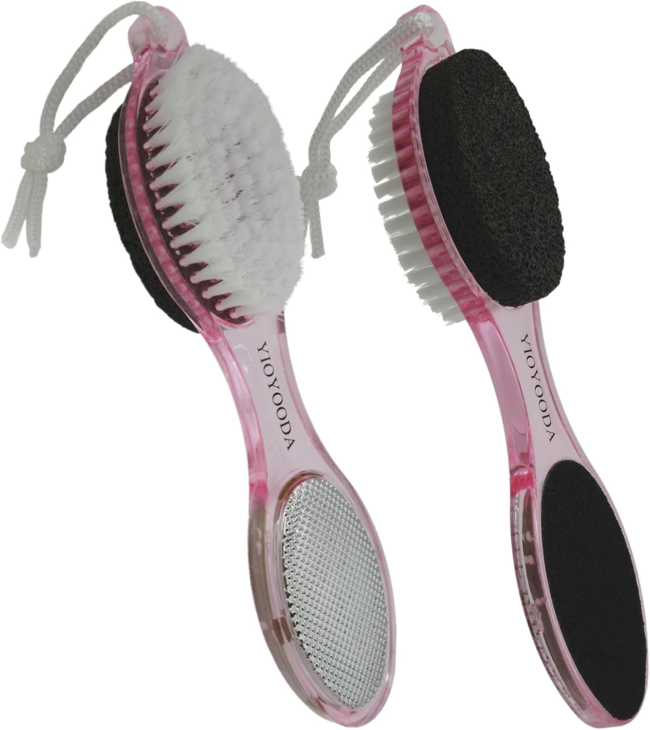 Foot File Callus Remover 4-in-1, 2 Pcs Feet Scraper Pedicure Tools with Pumice Stone, Scrubber Brush, Foot Rasp and Sand Paper, Double Sided Multi Purpose, Clear Pink