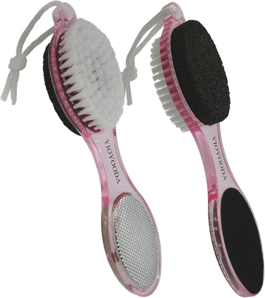 Foot File Callus Remover 4-in-1, 2 Pcs Feet Scraper Pedicure Tools with Pumice Stone, Scrubber Brush, Foot Rasp and Sand Paper, Double Sided Multi Purpose, Clear Pink