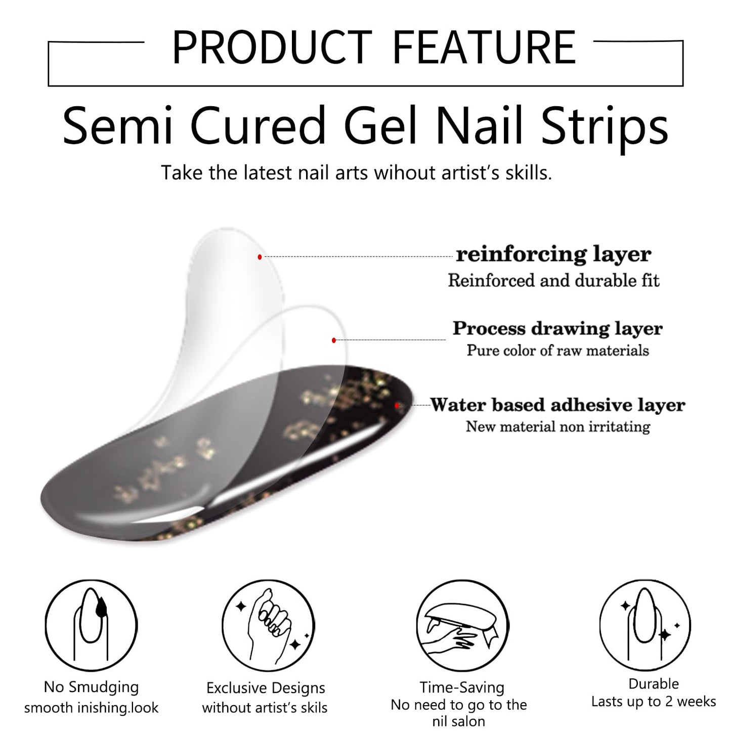 WOKOTO 1 Sheet Semi Cured Gel Nail Strips With Wood Stick, Nail File & Prepared Pads, 20 Tips Burgundy - Gold Glitter Semi Cured Nail Polish Strips, Harden With UV Light Gel Nail Wraps Stickers