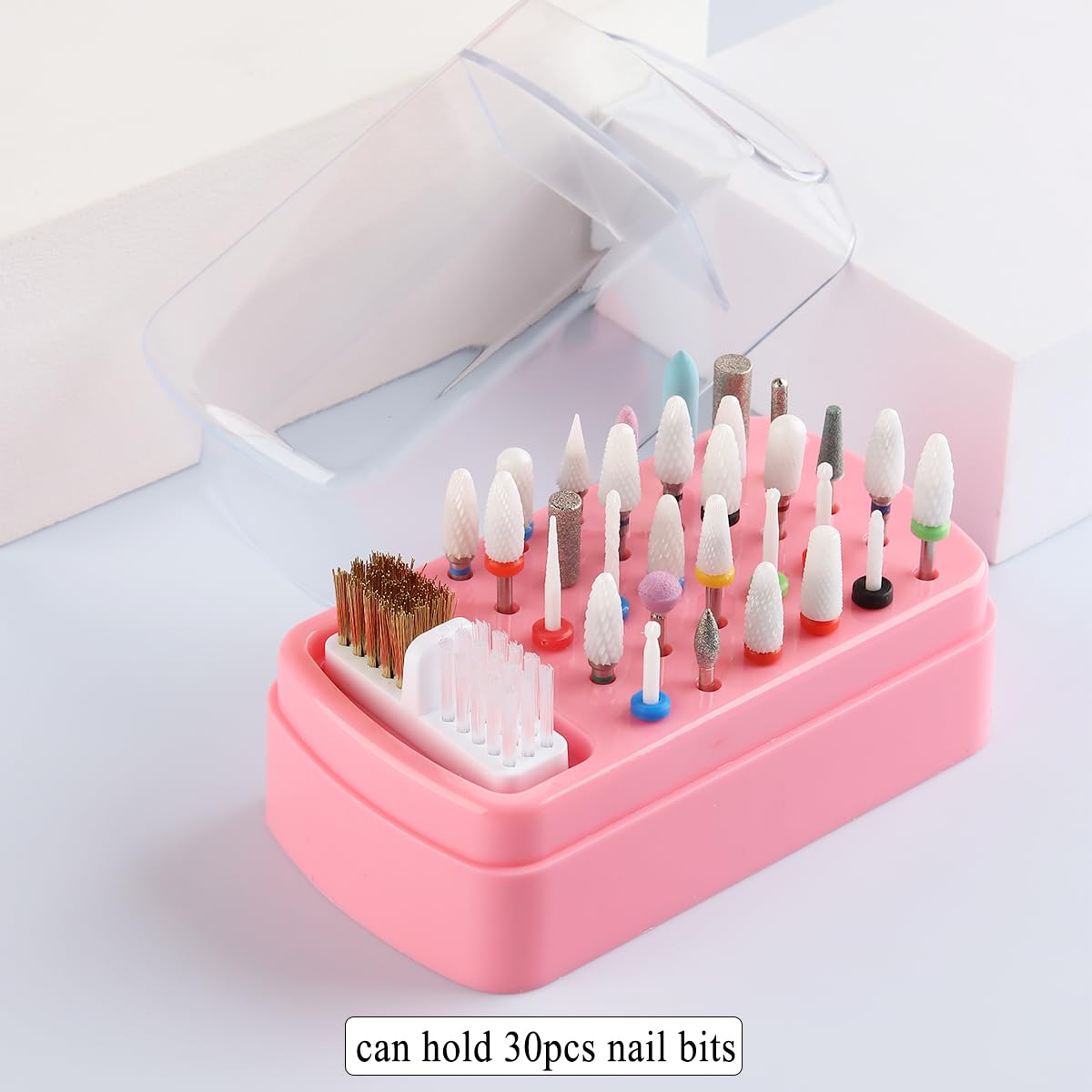 2 in 1 Pink Nail Drill Bit Holder and Nail Drill Bits Cleaner Brush Case, 30 Holes Dust-proof Nail Bit Holder Organizer Display Storage Box, Nail Bit Cleaning Case Manicure Container Tool