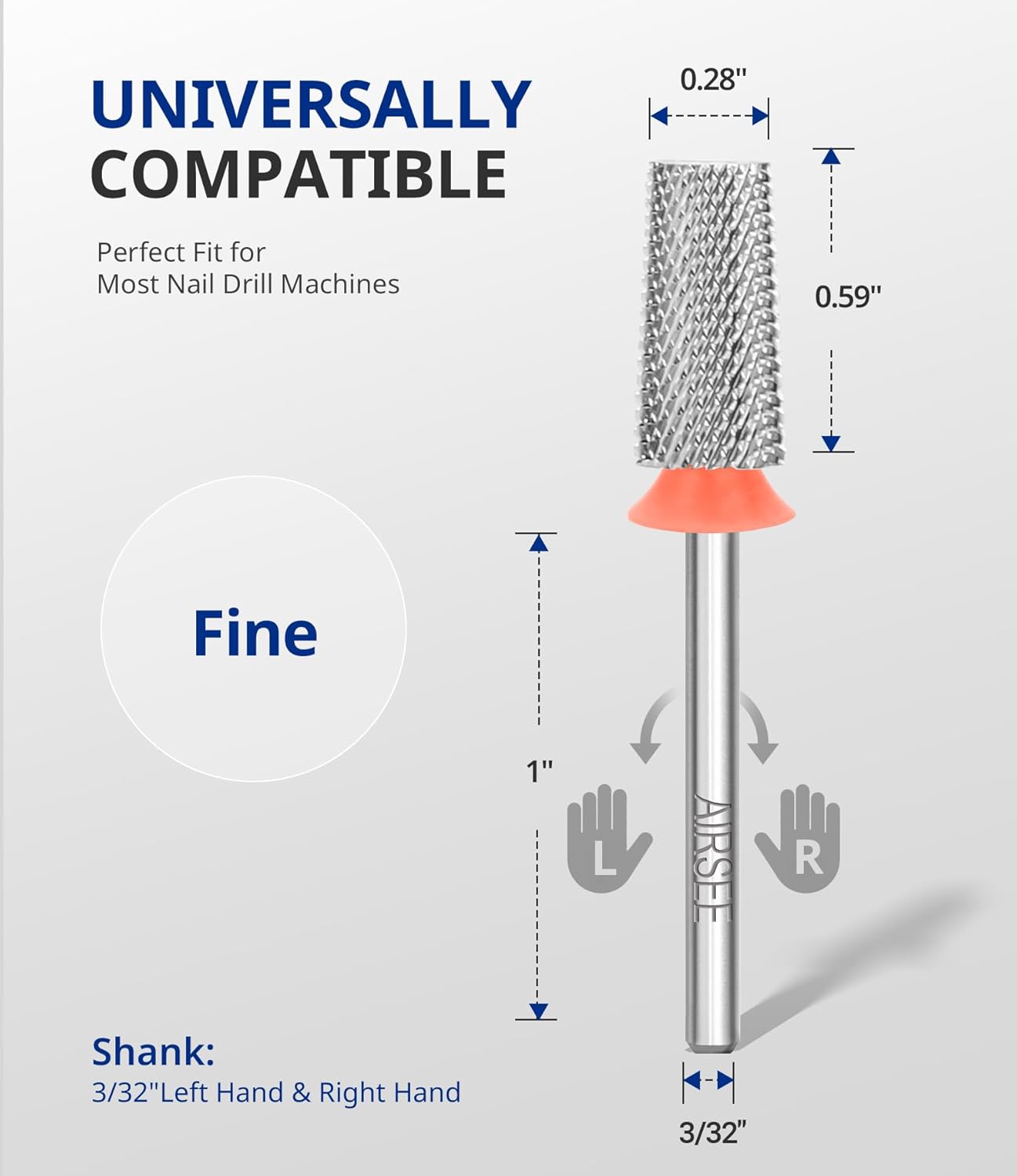 AIRSEE Tungsten Carbide Acrylic Nail Drill Bit Efile Electric File Machine Head Tip for Manicure Polishing Art Remove Gel 3/32" 2 Way Professional Tech Flat Top Tapered Barrel Fine-F
