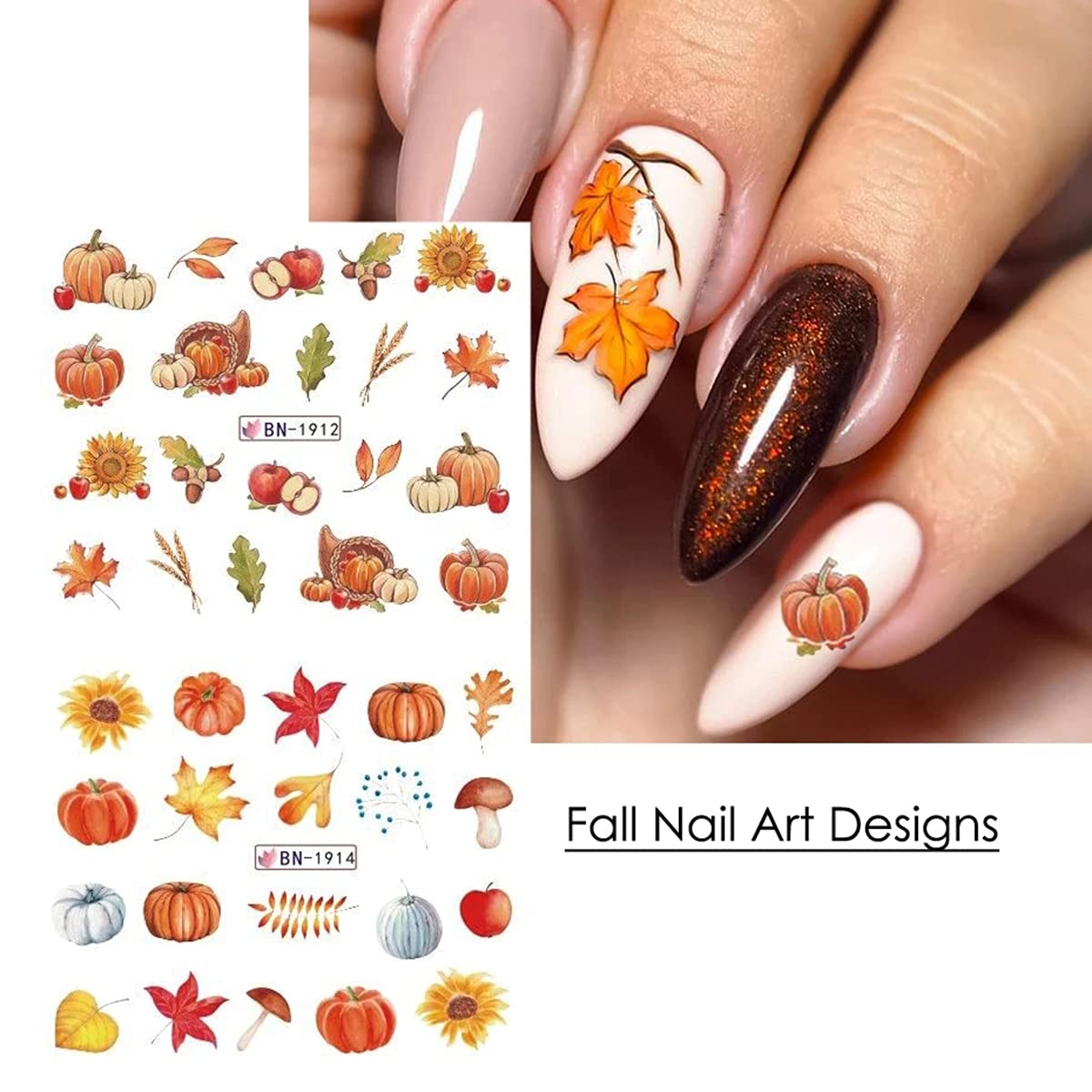 Fall Nail Art Stickers Autumn Leaves Nail Water Transfer Decals Thanksgiving Nail Art Accessories Foils Sliders Nail Water Decals Maple Leaf Pumpkin Turkey Designs for Women DIY Manicure (12 Pcs)