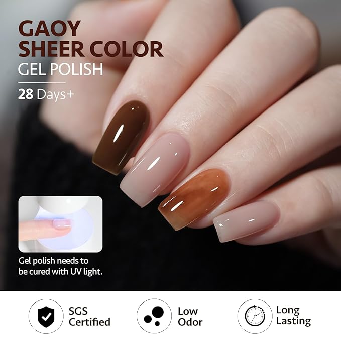 GAOY Jelly Brown Gel Nail Polish Set, 6 Transparent Colors Sheer Tortoise Fall Soak Off UV Light Cure Gel Polish Kit for Salon and Nail Art DIY at Home