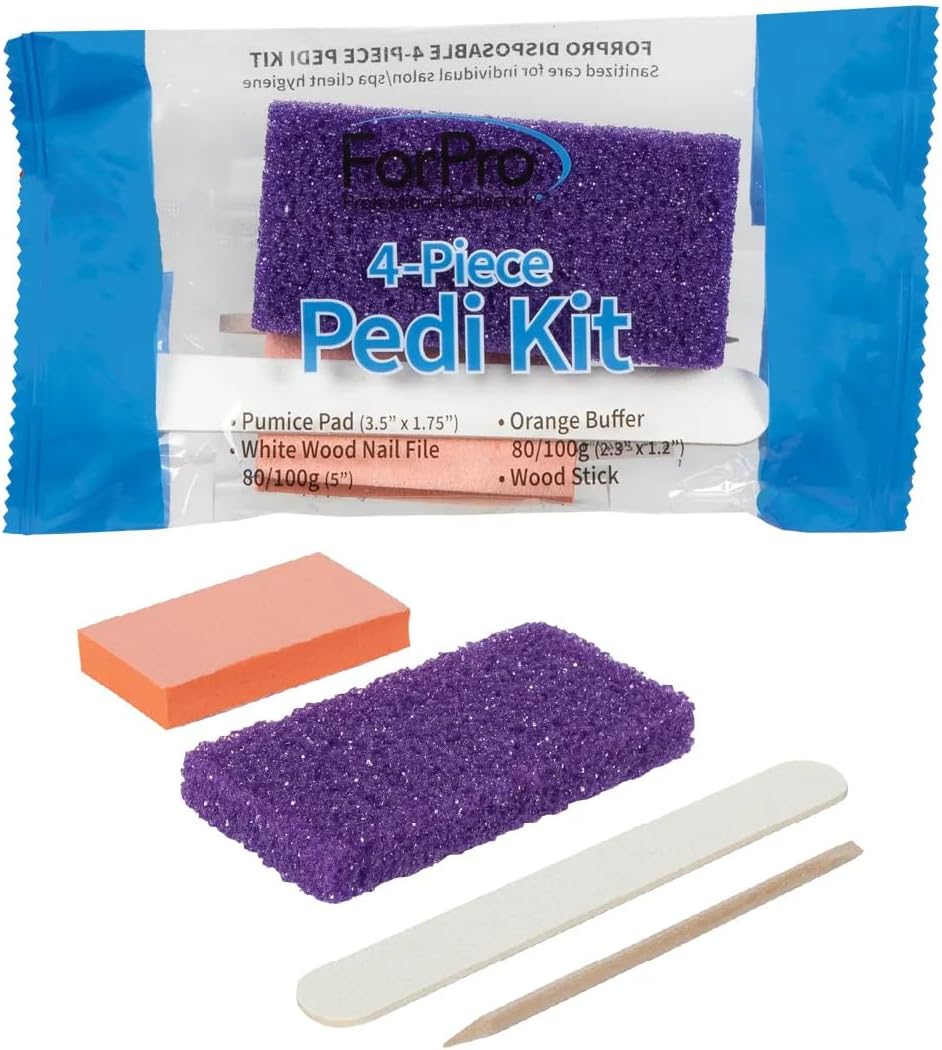 ForPro 4-Piece Pedi Kit, 100-Count, Individually-Packed Pedicure Set, Purple Pumice Pad, White Wood Nail File 80/100 Grit, Orange Mini Buffer 80/100 Grit, Wood Stick