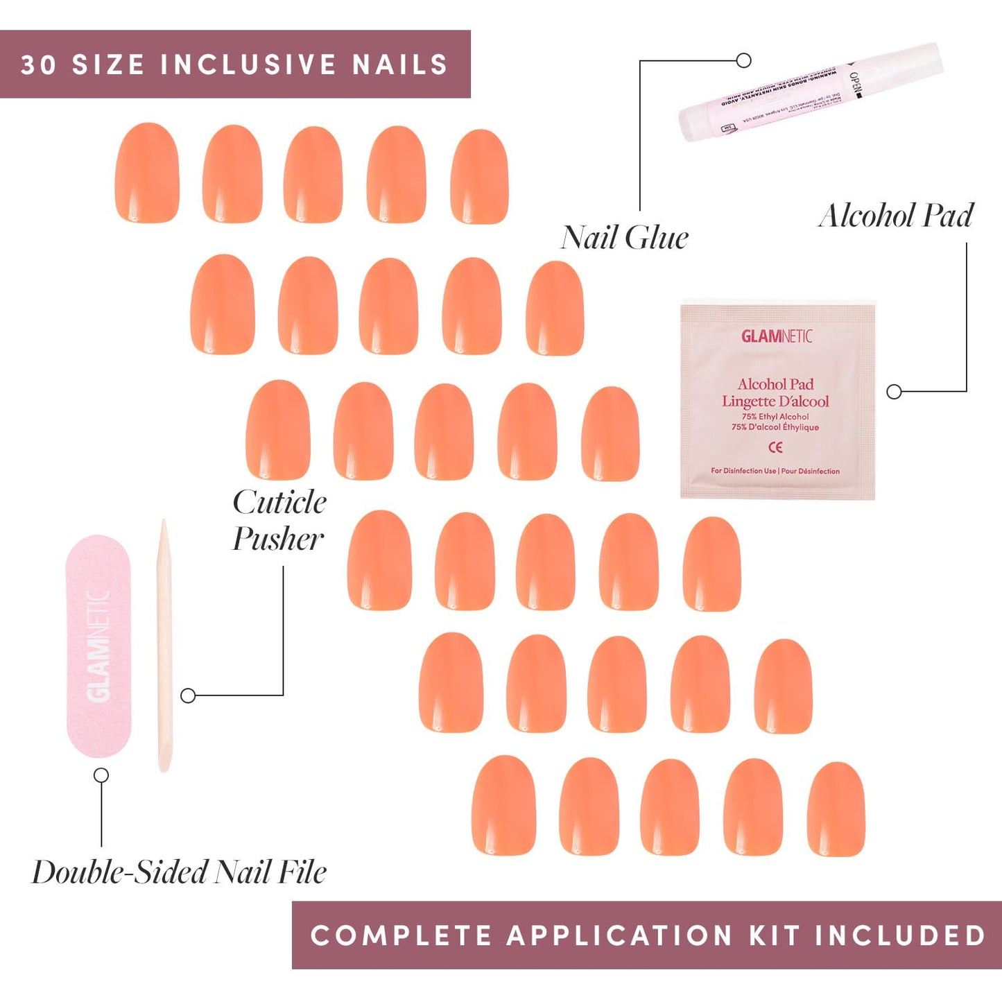 Glamnetic Press On Nails - Apricot | Solid Opaque Orange Round Nails, Salon Quality | 12 Sizes - 30 Nail Kit
