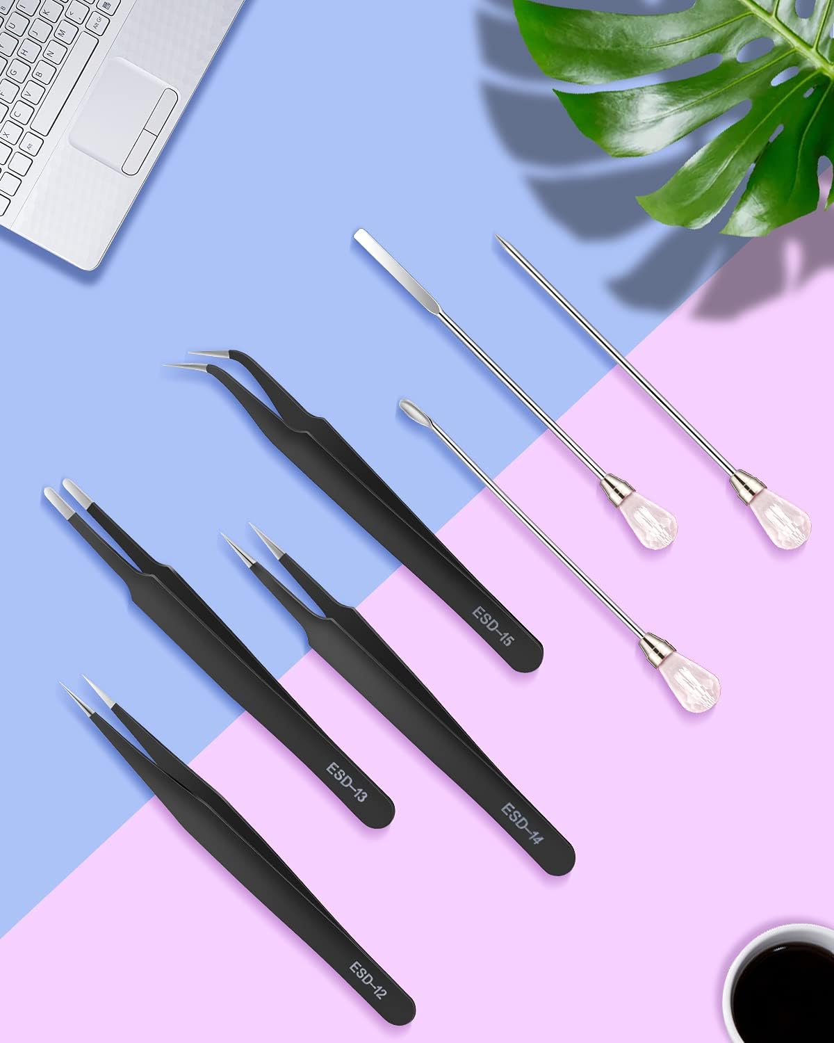 11 Pcs Resin Spoon Tools Kit-Metal Stir Sticks Resin Spoons Poke Needle with Anti-Static Stainless Steel Precision Tweezers Set for Resin Crafts,Jewelry Making,DIY Epoxy Silicone Resin Molds(Pink)