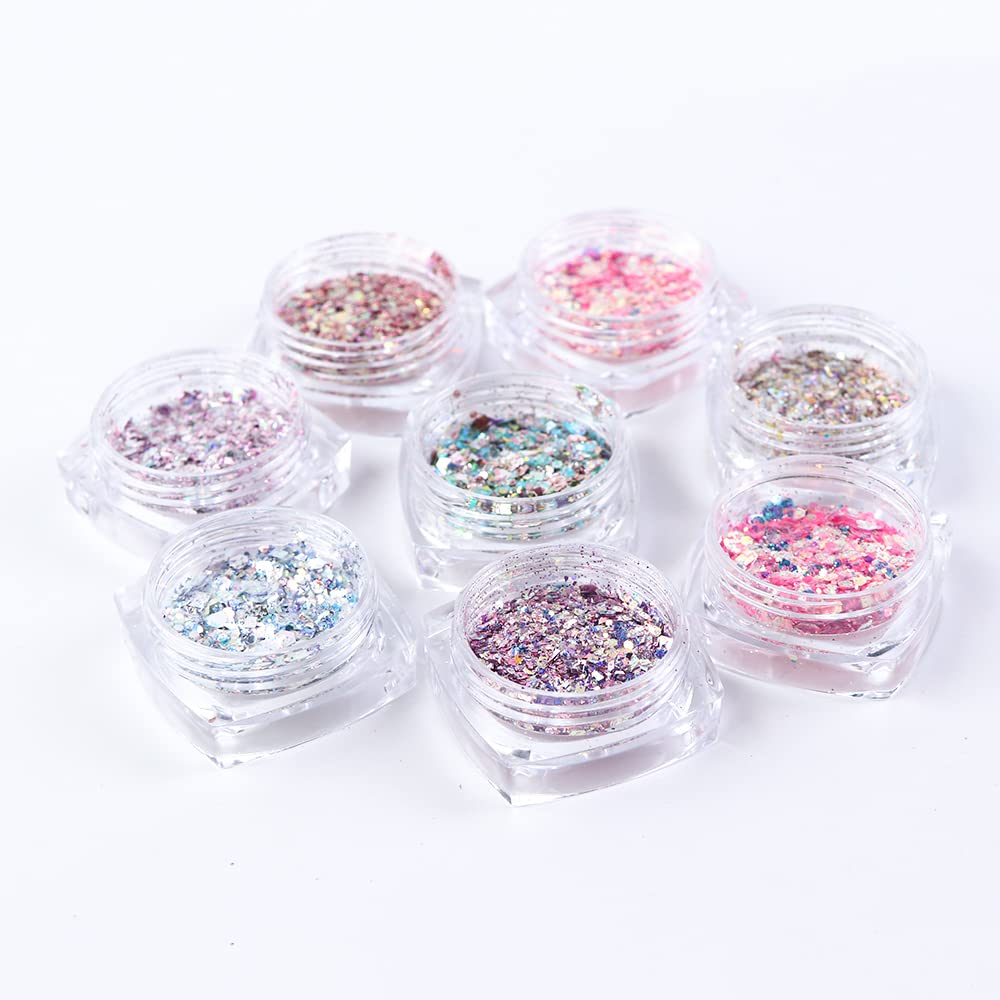 Holographic Nail Art Sequins Glitter Kits 8 Boxes 3D Nails Glitter Metallic Shining Flakes Acrylic Powder Dust Sequins for Nails Decoration Holographic Manicure Tips (Pink)