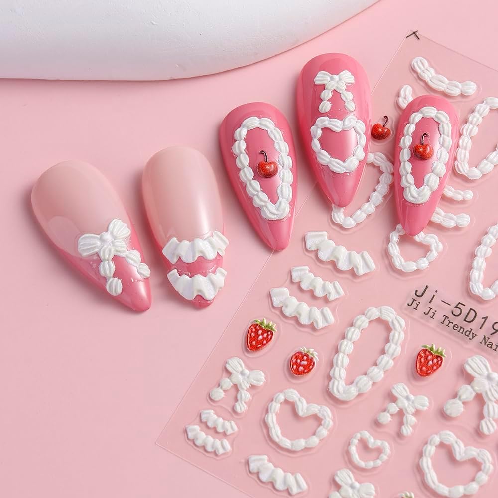 Cake Cream 5D Embossed Nail Art Stickers, 4 Sheets Cute Cream Chain Pleated Skirt Edge French Nail Decals Strawberry Cherry Rose Heart Self Adhesive DIY Nail Supplies for Women Girls