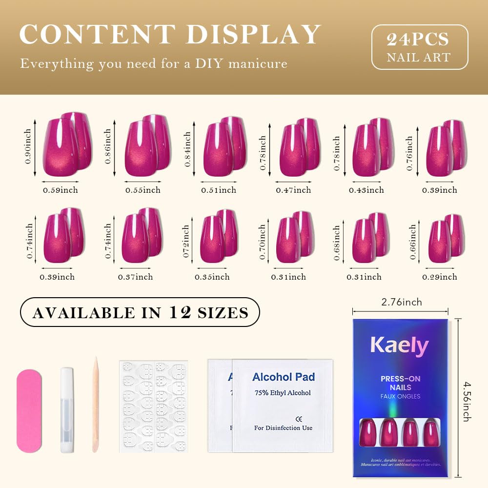 evpct Purple Red Cat Eye Coffin Press on Nails Square Medium, Medium Square Glue on Nail for Women, Purple Red Metallic Glitter Glossy Reusable Summer Soft Gel Press on Acrylic Fake Nail with Designs