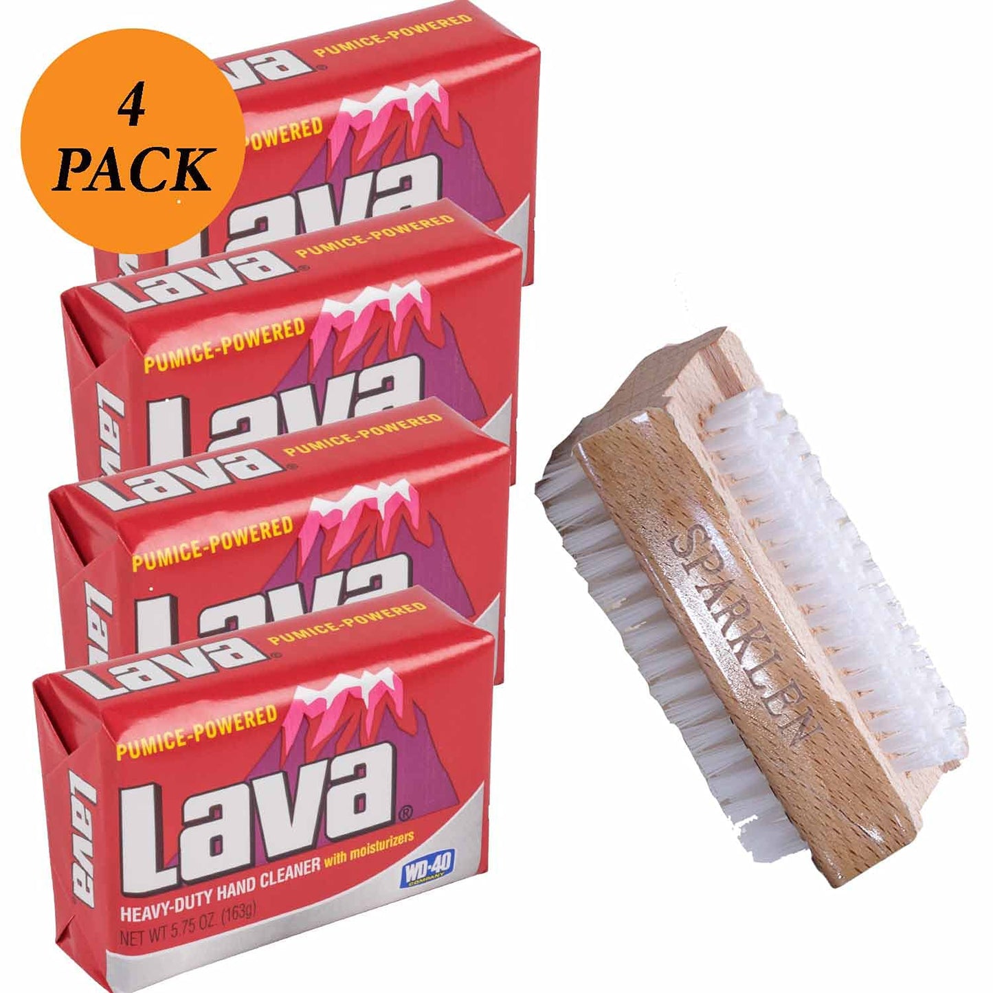 Lava Heavy-Duty Pumice Hand Cleaner soap with Moisturizers, 4-bars [5.75 OZ each] with a Compatible Wooden Nail Brush