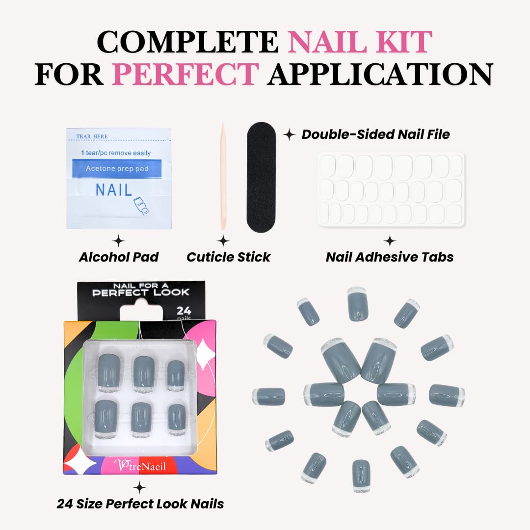 Perfect Look Press On Nails - Crystal Fog | No Glue One-Day Medium Square Nails, Light Grey Nails with Clear Glitter Tips - 24 Pcs Nail Kit with Adhesive Tabs