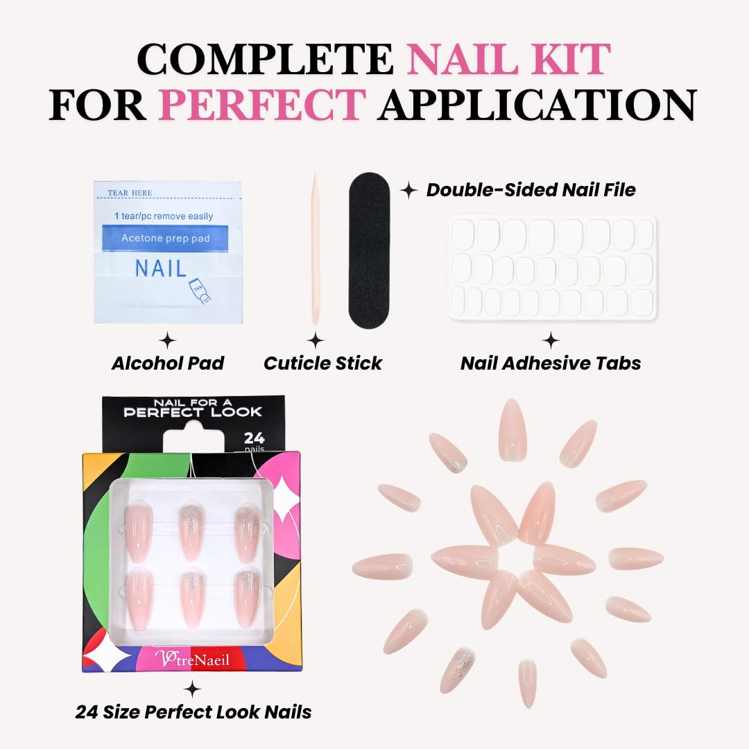 Perfect Look Press On Nails - Blush Sparkle | No Glue One-Day Nude Pink Almond Fake Nails with Glitter Tips for Weddings - 24 Pcs Nail Kit with Adhesive Tabs