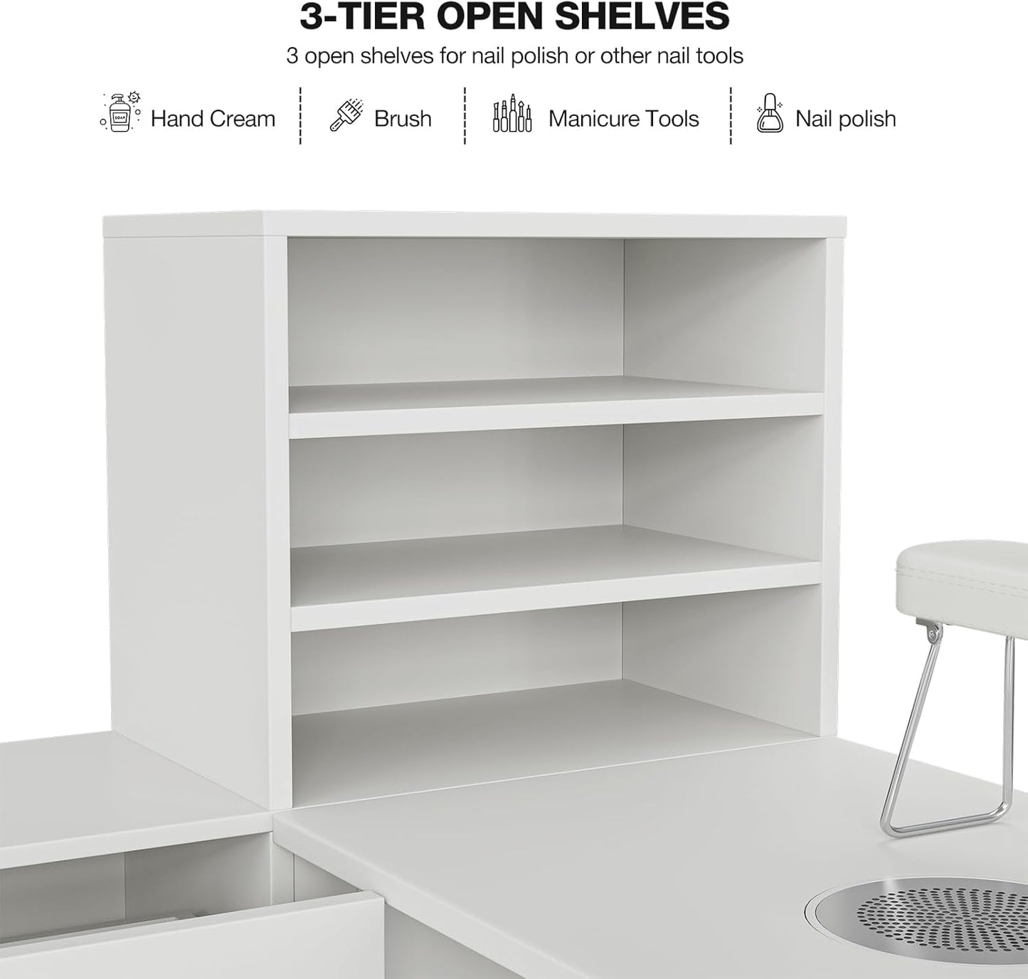 Manicure Table with Shelves, L-Shaped Nail Table Station w/Electric Downdraft Vent, Foldable Nail Arm Rest, Storage Cabinets, Drawers, Metal Handles & Legs for Nail Tech(White)